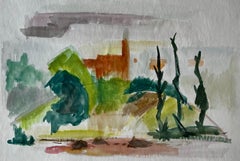 Abstraktes Dorf auf einem Hügel mit Zypressen Französische Gouache der Moderne von Guy Nicod