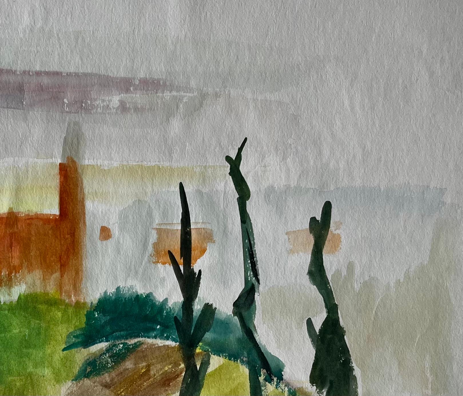 Villaggio astratto in collina con cipresso Gouache modernista francese di Guy Nicod in vendita 3