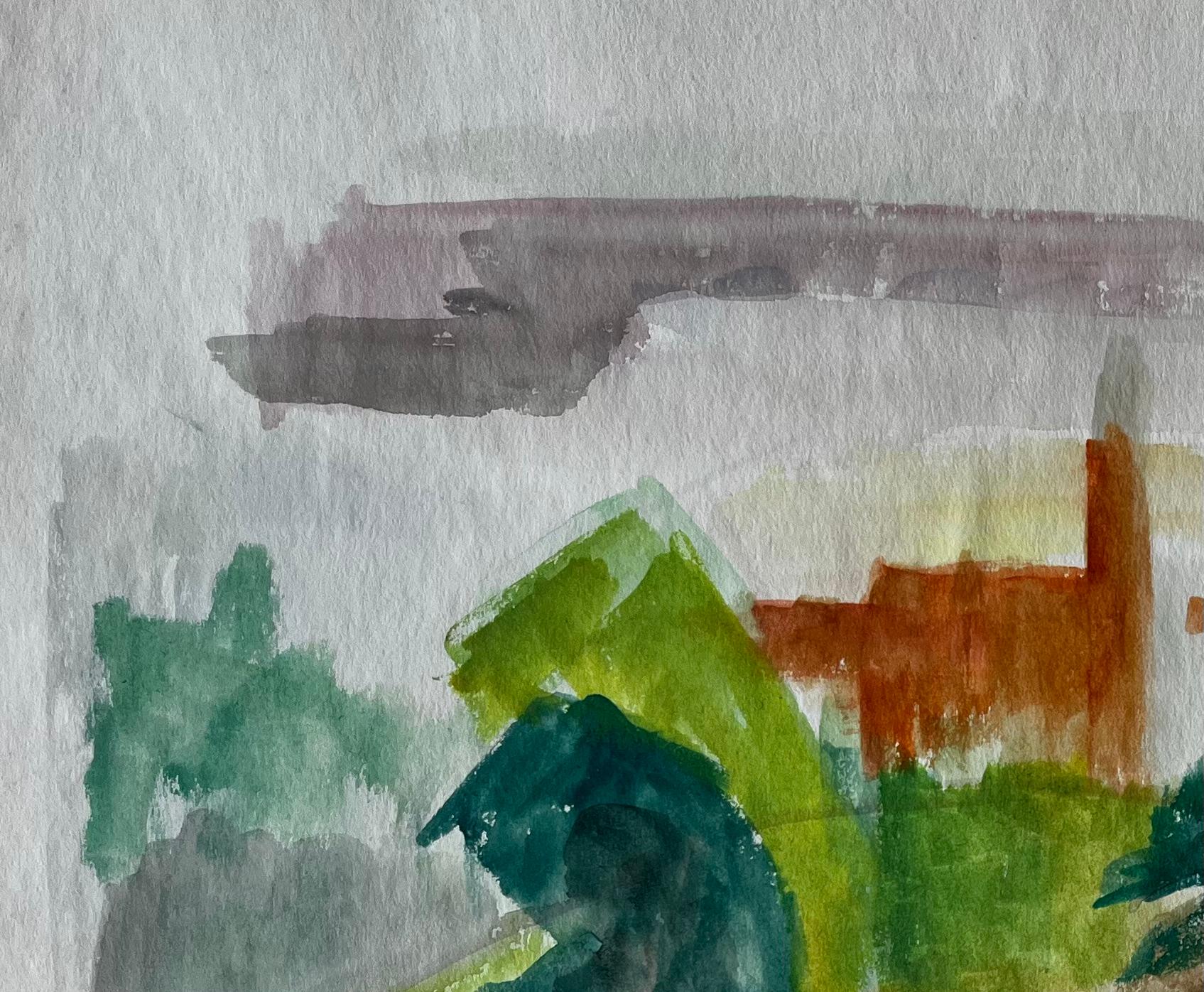 Villaggio astratto in collina con cipresso Gouache modernista francese di Guy Nicod in vendita 4