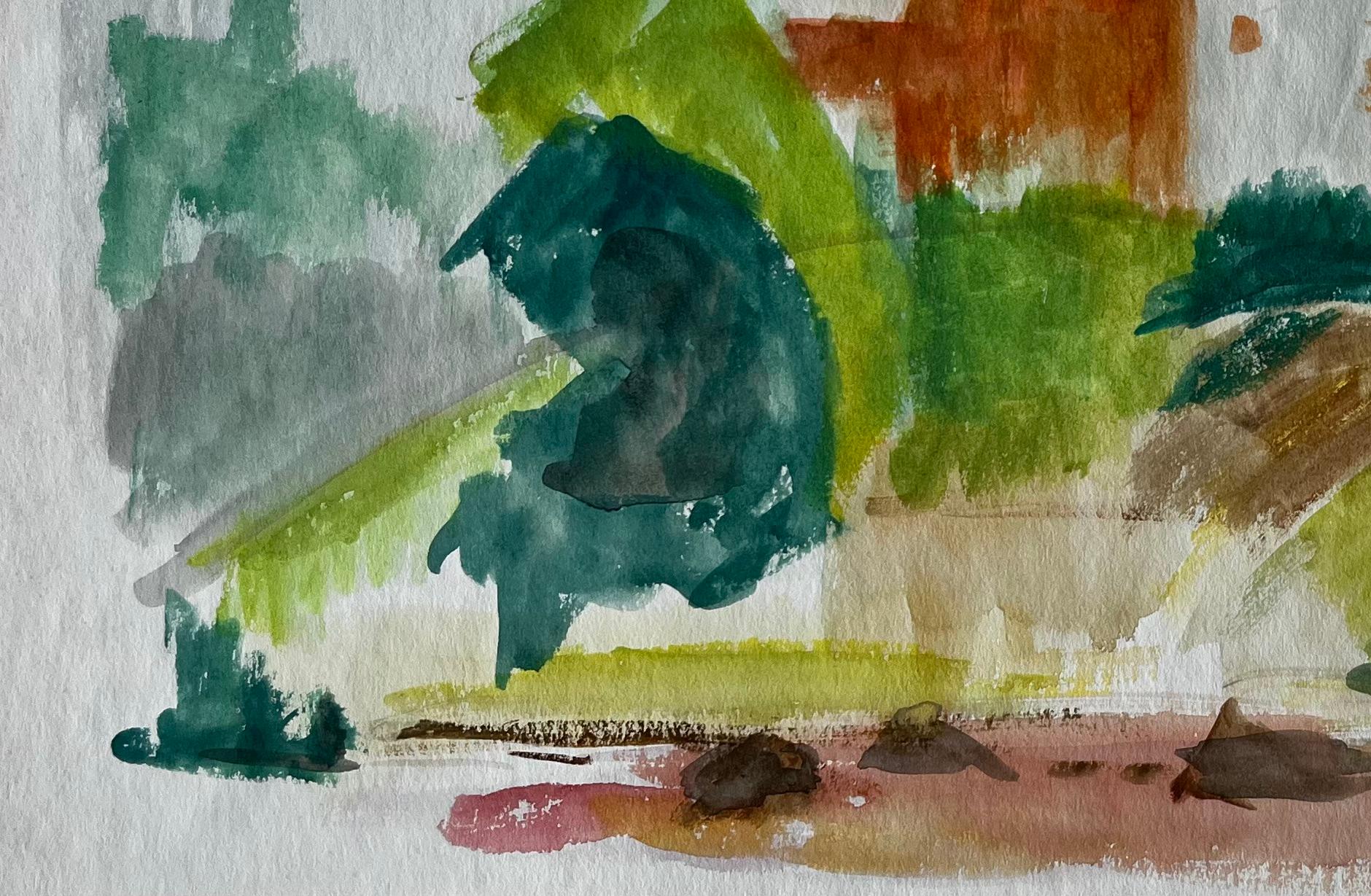 Villaggio astratto in collina con cipresso Gouache modernista francese di Guy Nicod in vendita 5