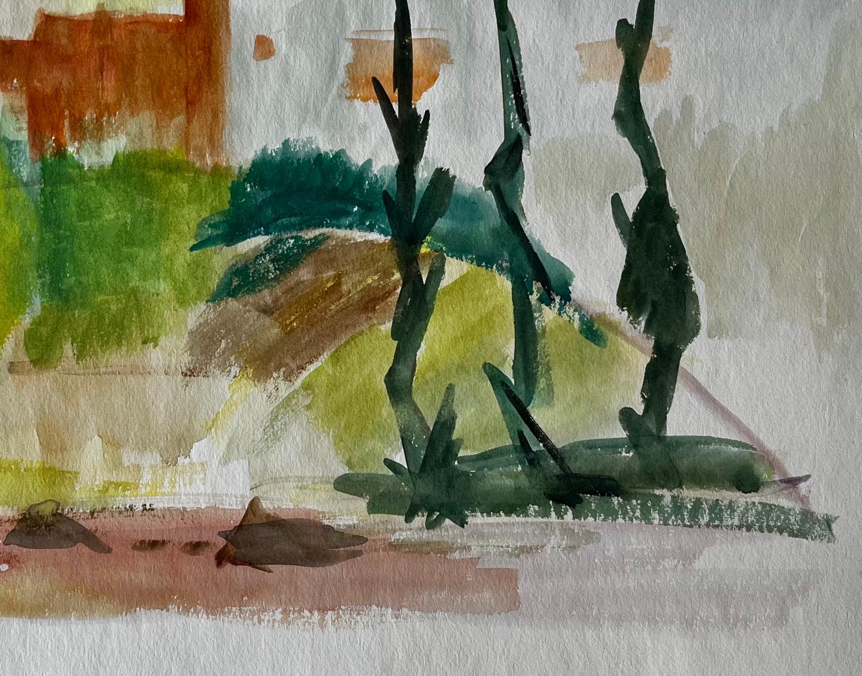 Villaggio astratto in collina con cipresso Gouache modernista francese di Guy Nicod in vendita 2