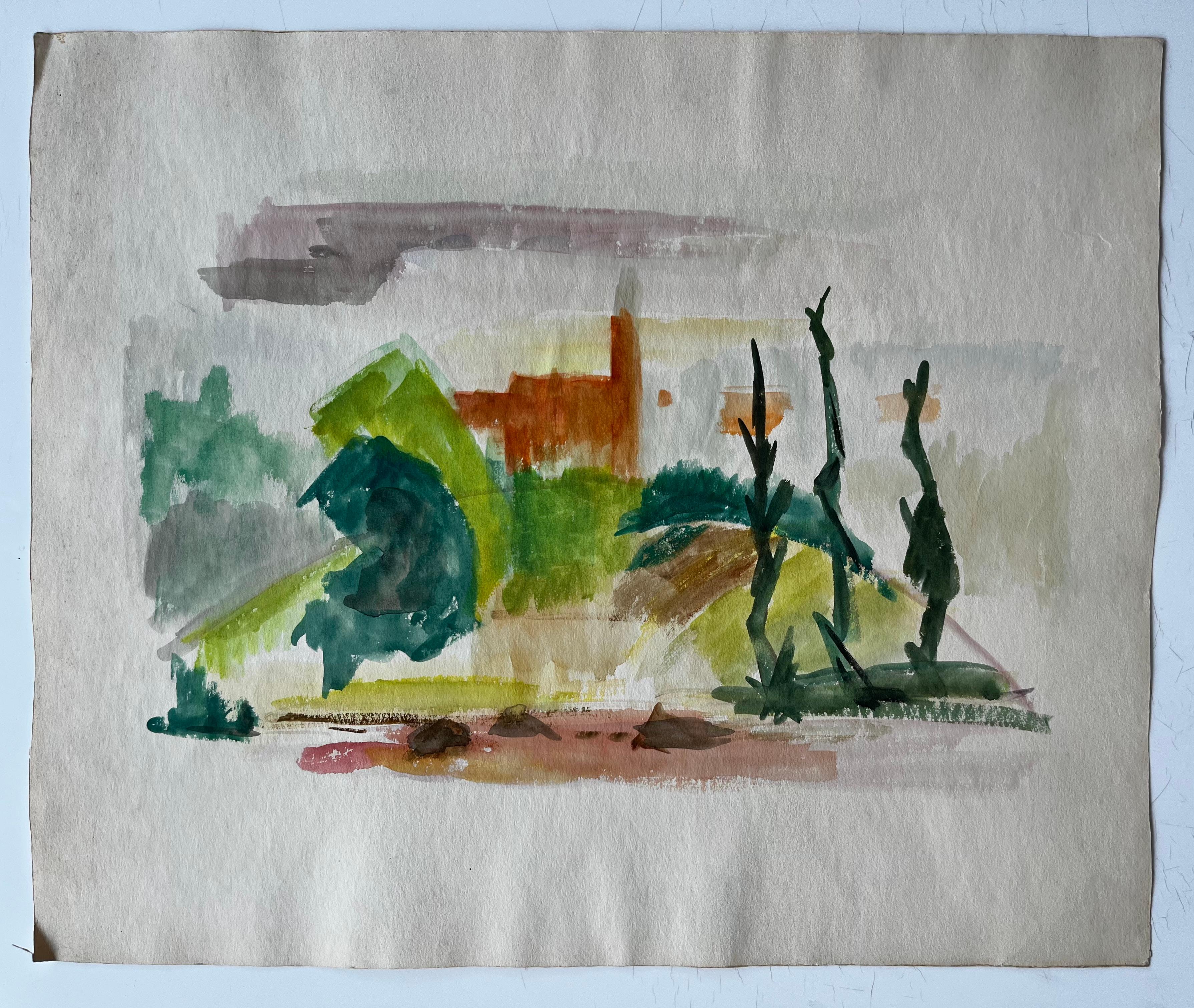 Villaggio astratto in collina con cipresso Gouache modernista francese di Guy Nicod in vendita 1