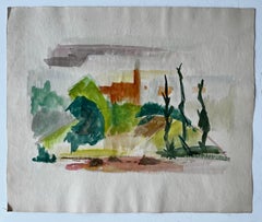 Villaggio astratto in collina con cipresso Gouache modernista francese di Guy Nicod