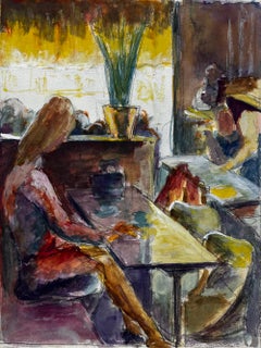 Café Interior with Seated Figures French Modernist Gouache by Guy Nicod