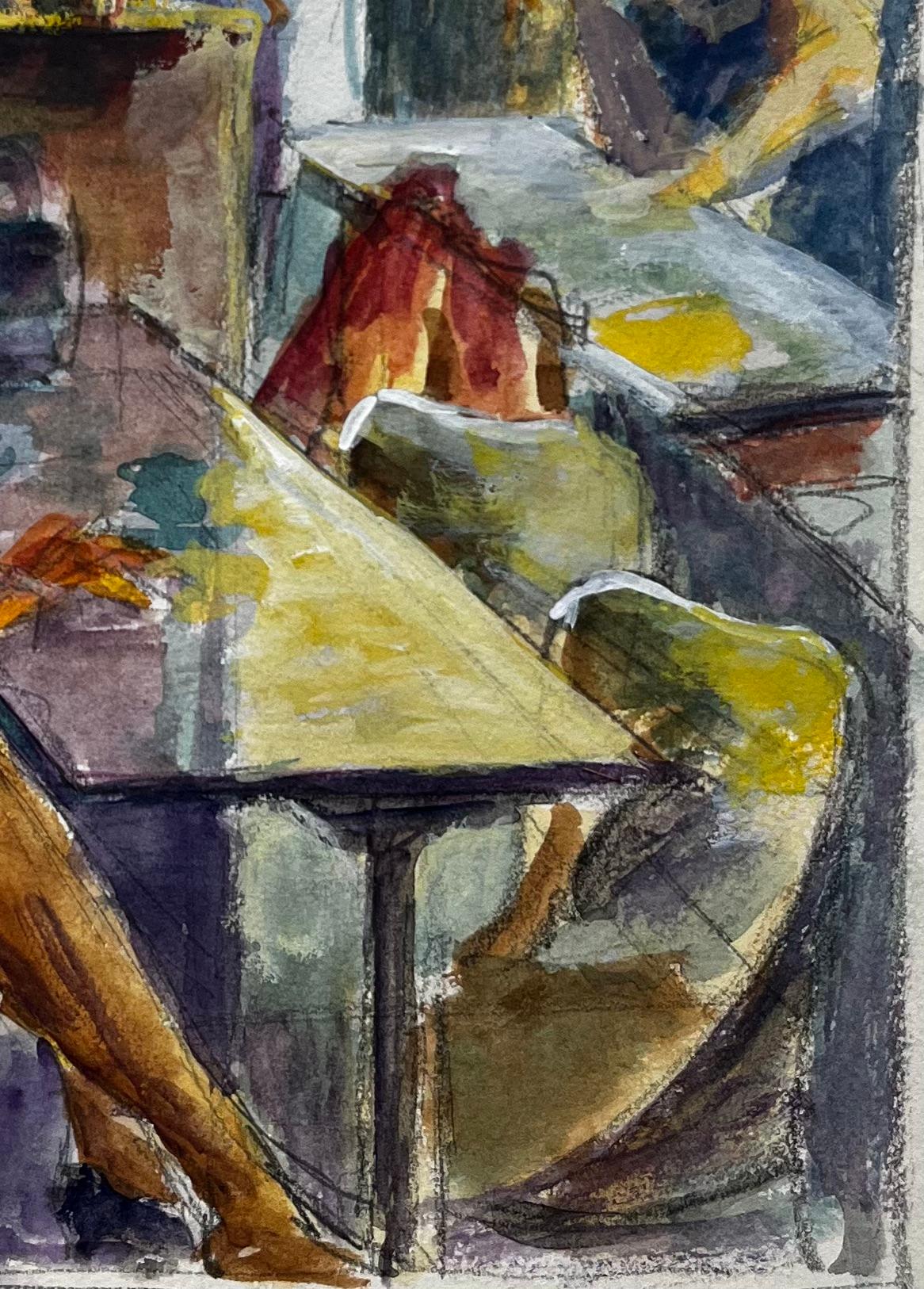 Intérieur de café avec personnages assis Gouache moderniste française de Guy Nicod en vente 3