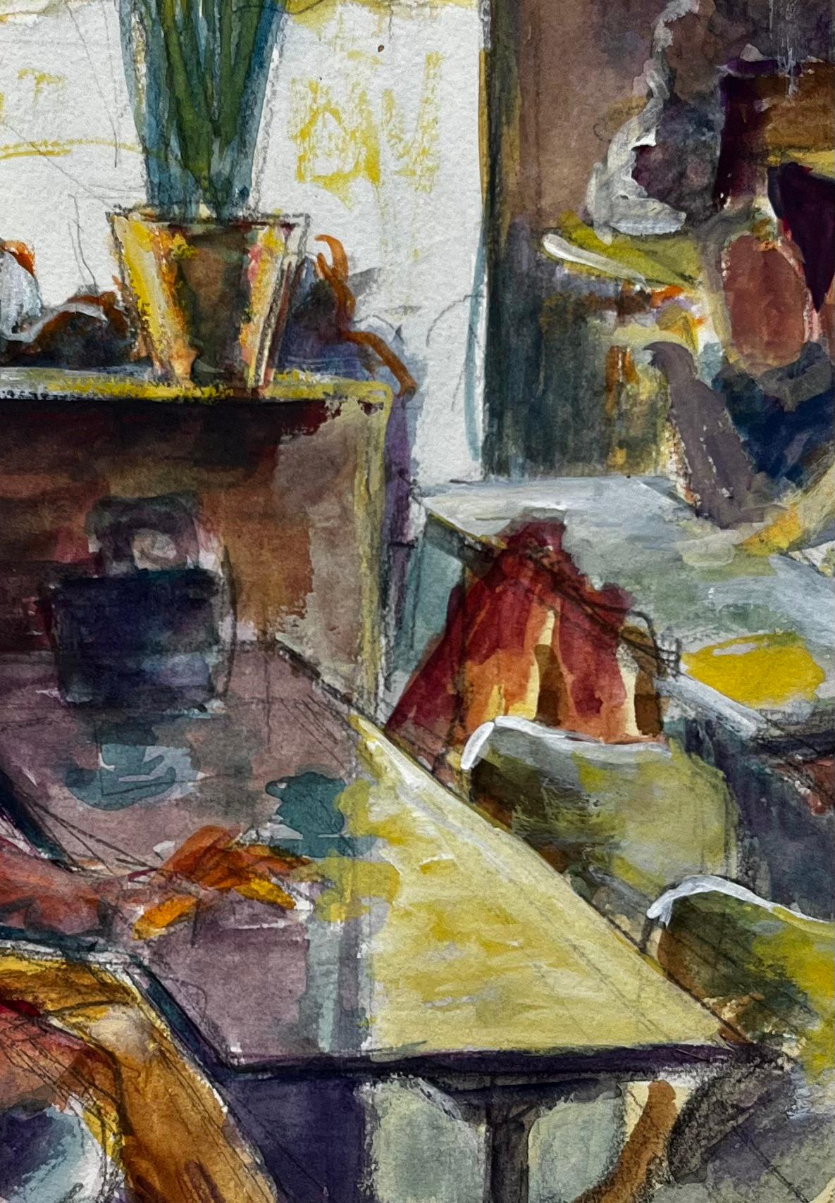 Intérieur de café avec personnages assis Gouache moderniste française de Guy Nicod en vente 6