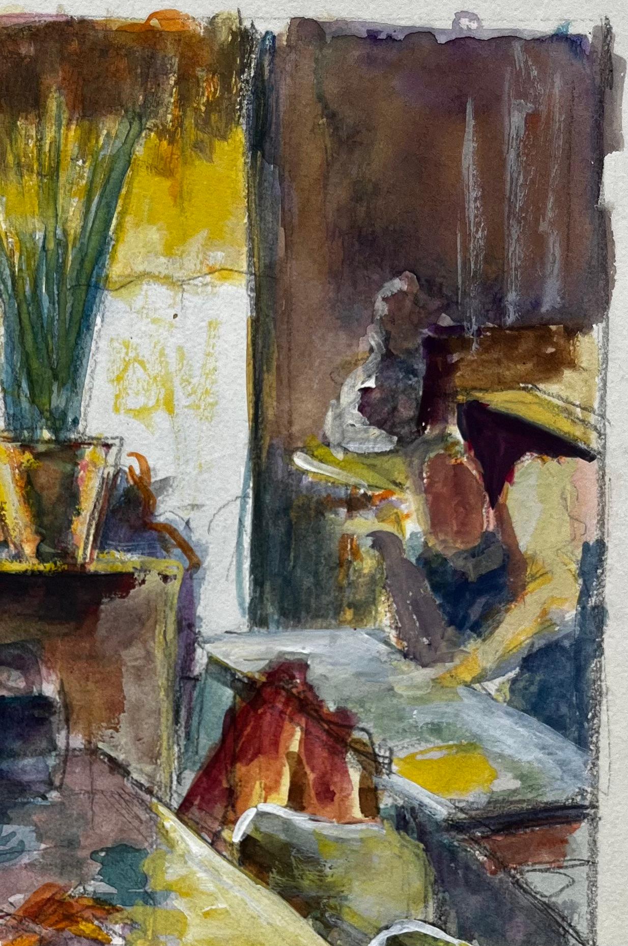 Intérieur de café avec personnages assis Gouache moderniste française de Guy Nicod en vente 4
