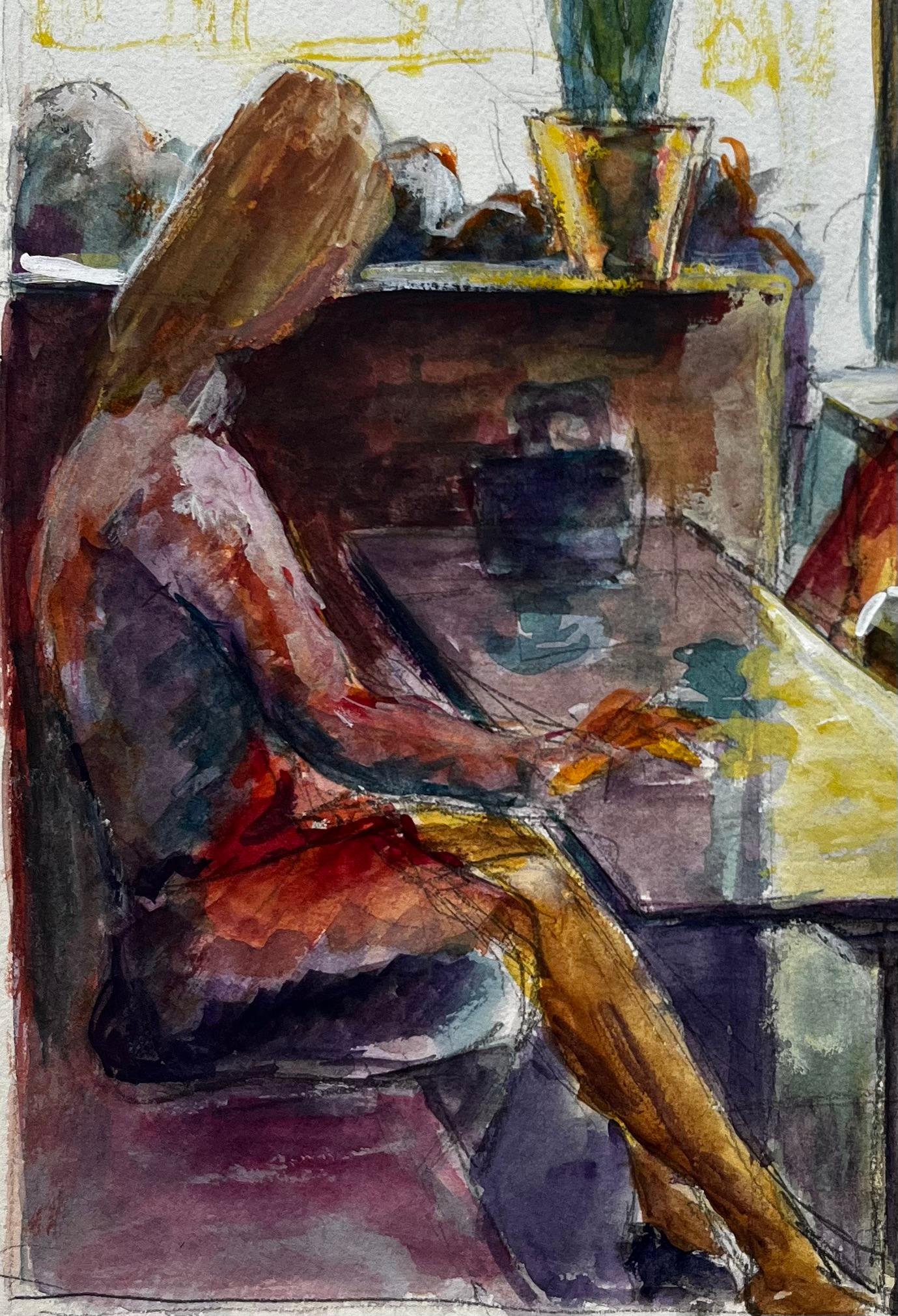 Intérieur de café avec personnages assis Gouache moderniste française de Guy Nicod en vente 2