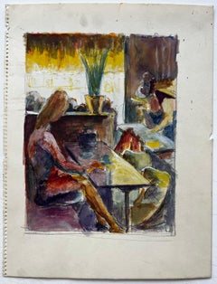 Intérieur de café avec personnages assis Gouache moderniste française de Guy Nicod