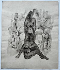 Deux nus féminins Dessin au lavis d'encre moderniste français de Guy Nicod