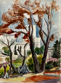 Autumn Trees in French Villa Garden Modernist Watercolour Landscape