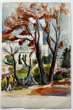 Autumn Trees in French Villa Garden Modernist Watercolour Landscape