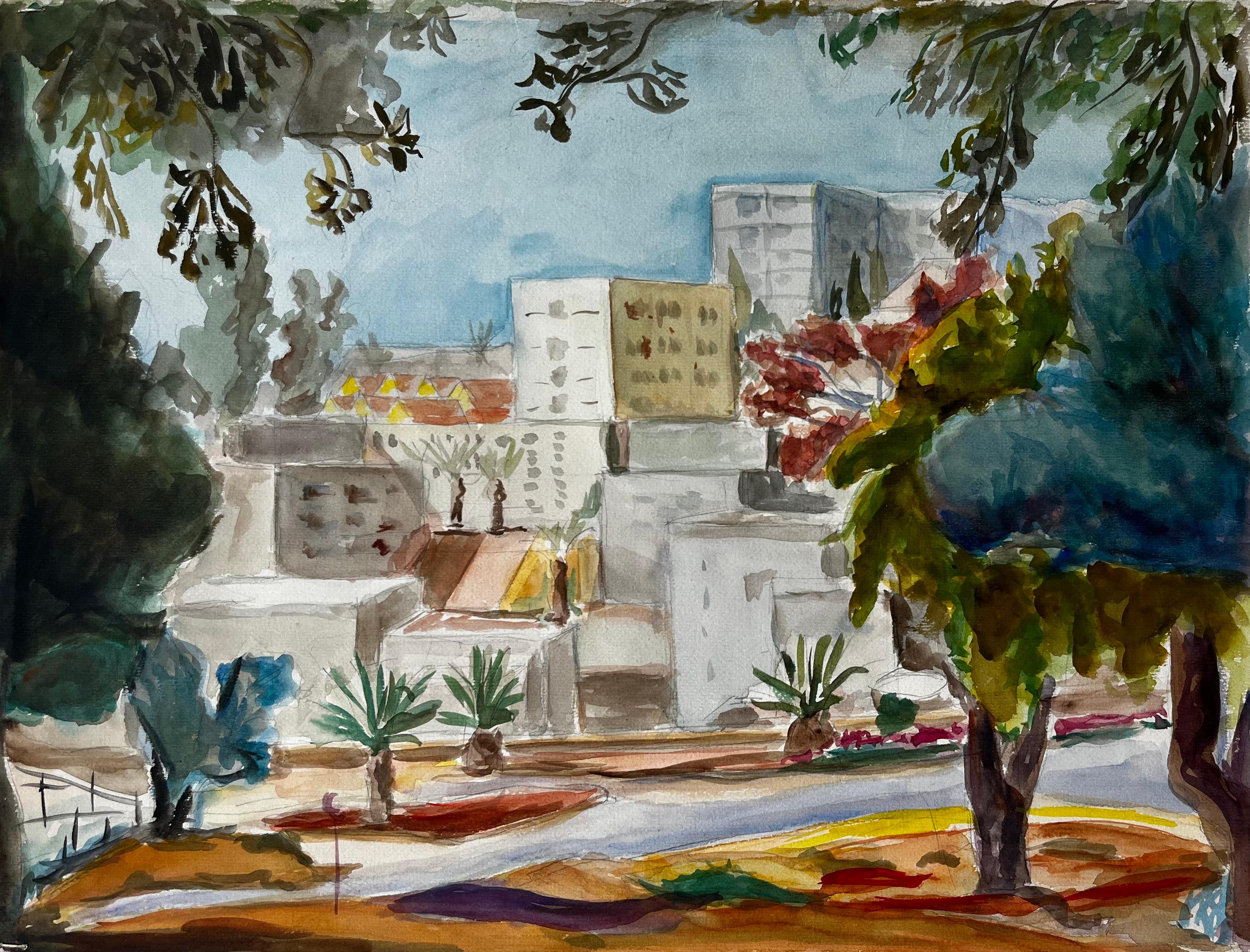 Guy Nicod Landscape Art - Cityscape with Palm Trees and Modernist Architecture Gouache French Landscape