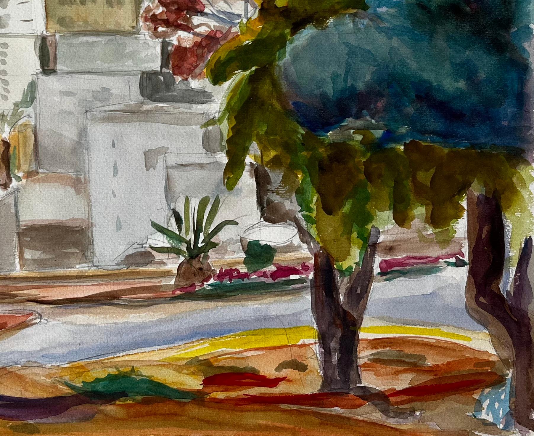 Cityscape with Palm Trees and Modernist Architecture Gouache French Landscape - Gray Landscape Art by Guy Nicod