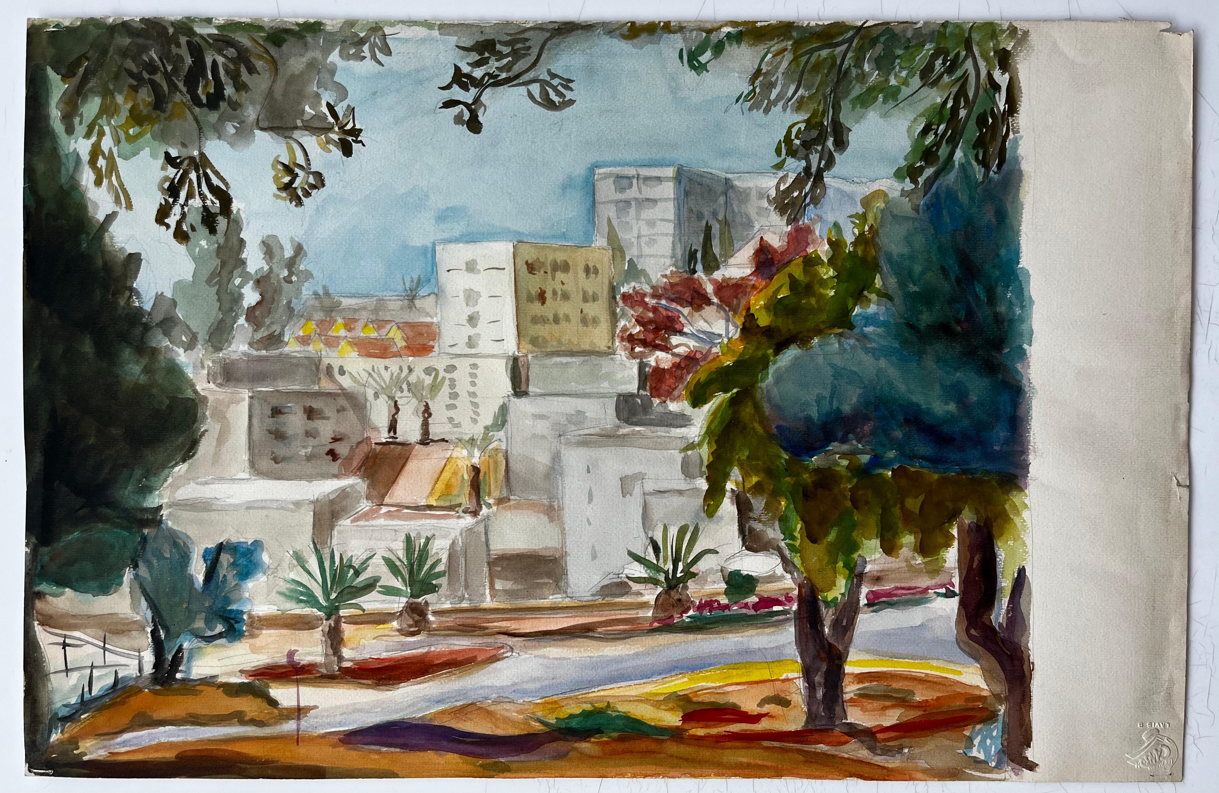 Cityscape with Palm Trees and Modernist Architecture Gouache French Landscape - Art by Guy Nicod