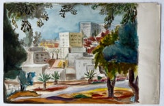 Cityscape with Palm Trees and Modernist Architecture Gouache French Landscape