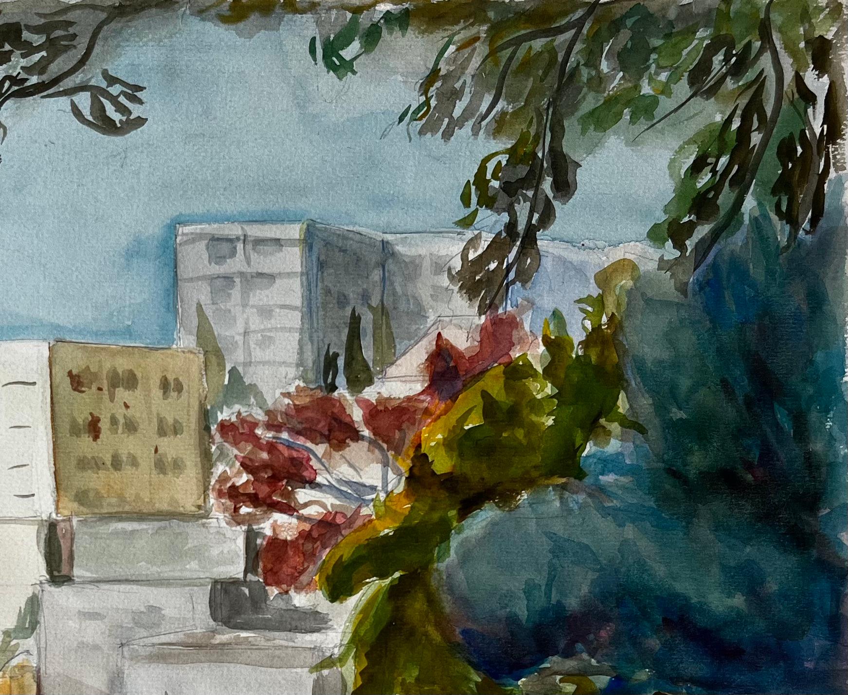 Title: Cityscape with Palm Trees and Modernist Architecture Gouache French Landscape
Guy Nicod (French 1923 - 2021) 
Gouache on artist paper, unframed
Size: 12.75 x 19.75 inches (height x width)
Provenance: Artists estate, France
Condition: good