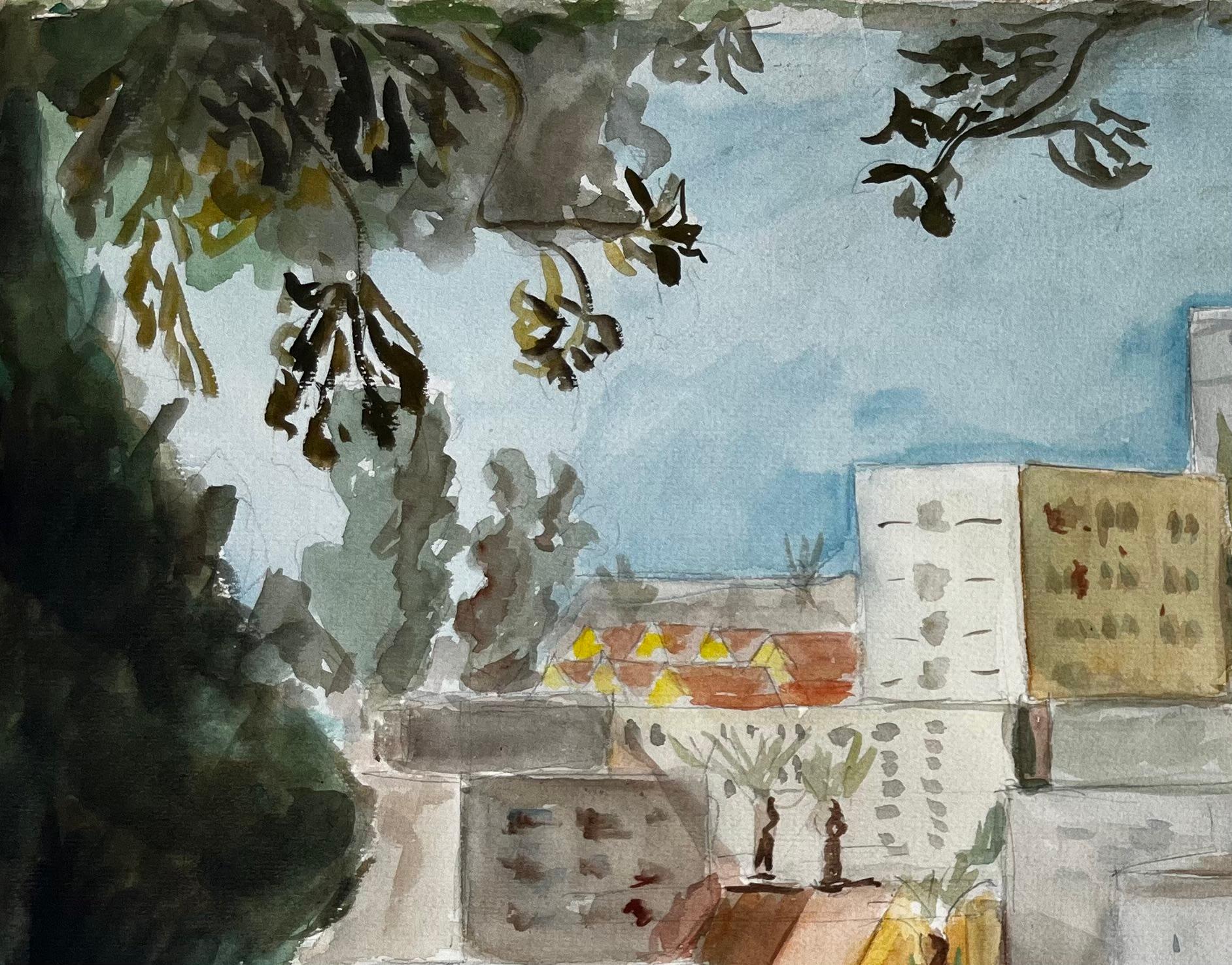 Cityscape with Palm Trees and Modernist Architecture Gouache French Landscape For Sale 2