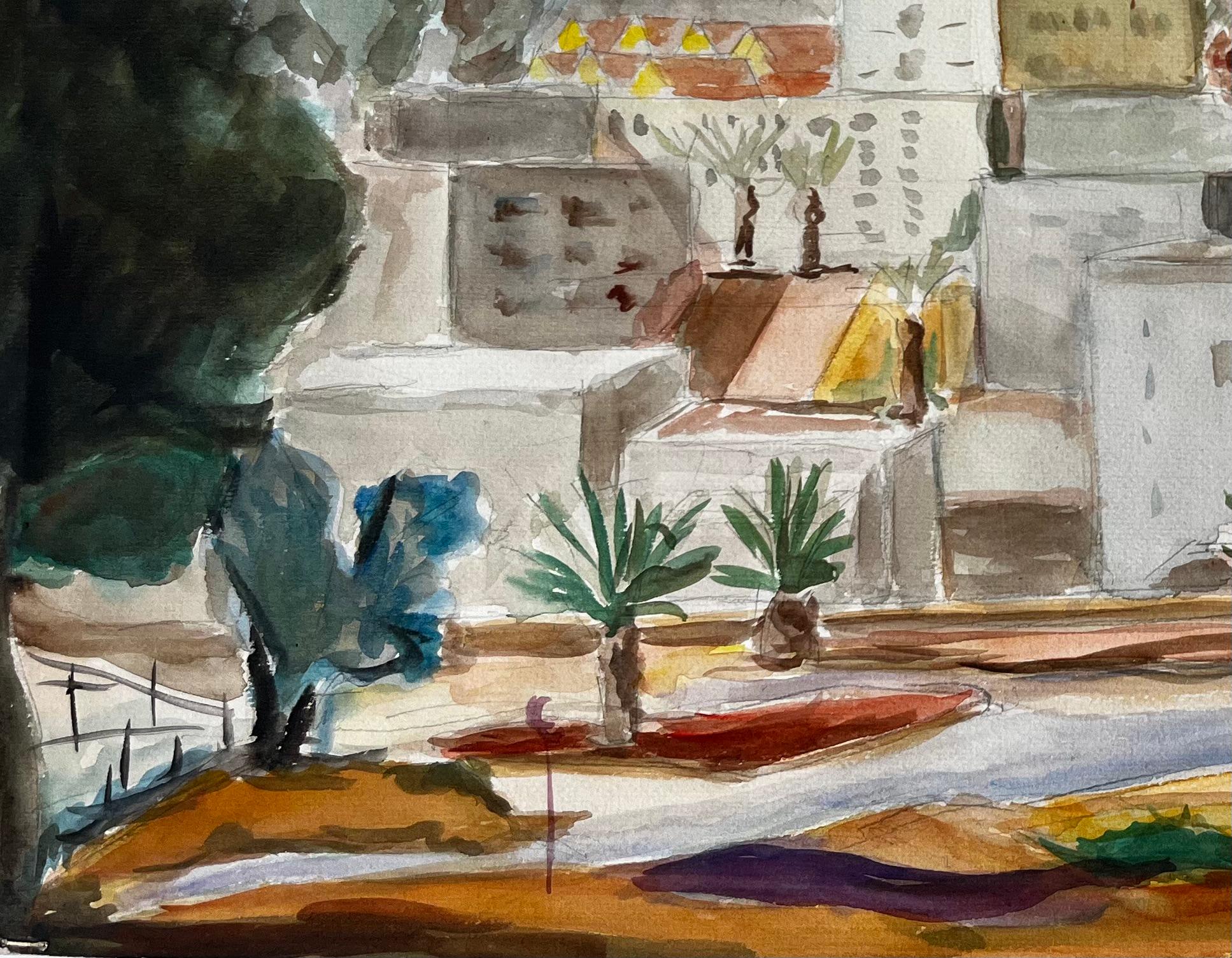 Cityscape with Palm Trees and Modernist Architecture Gouache French Landscape For Sale 1