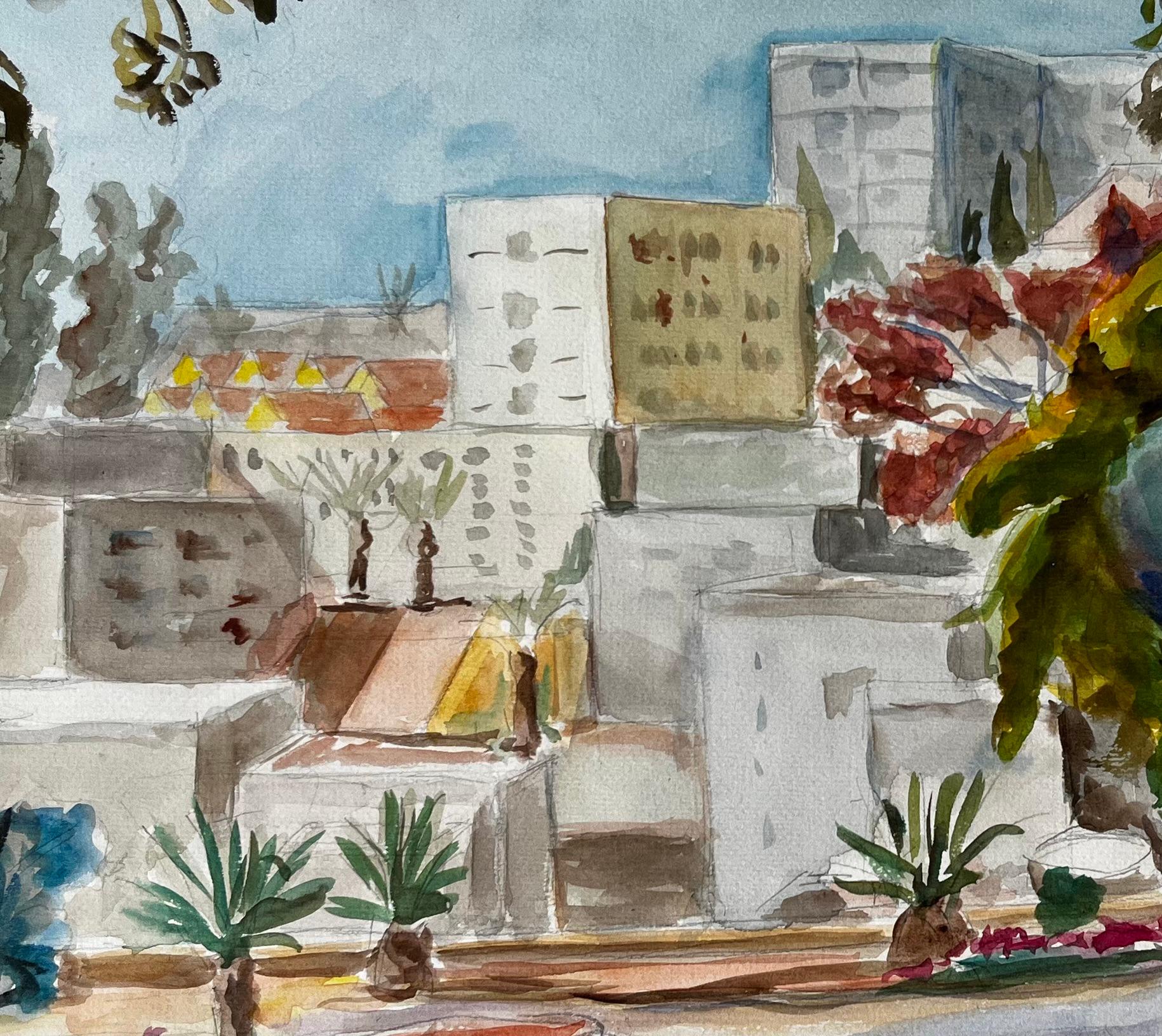 Cityscape with Palm Trees and Modernist Architecture Gouache French Landscape For Sale 3