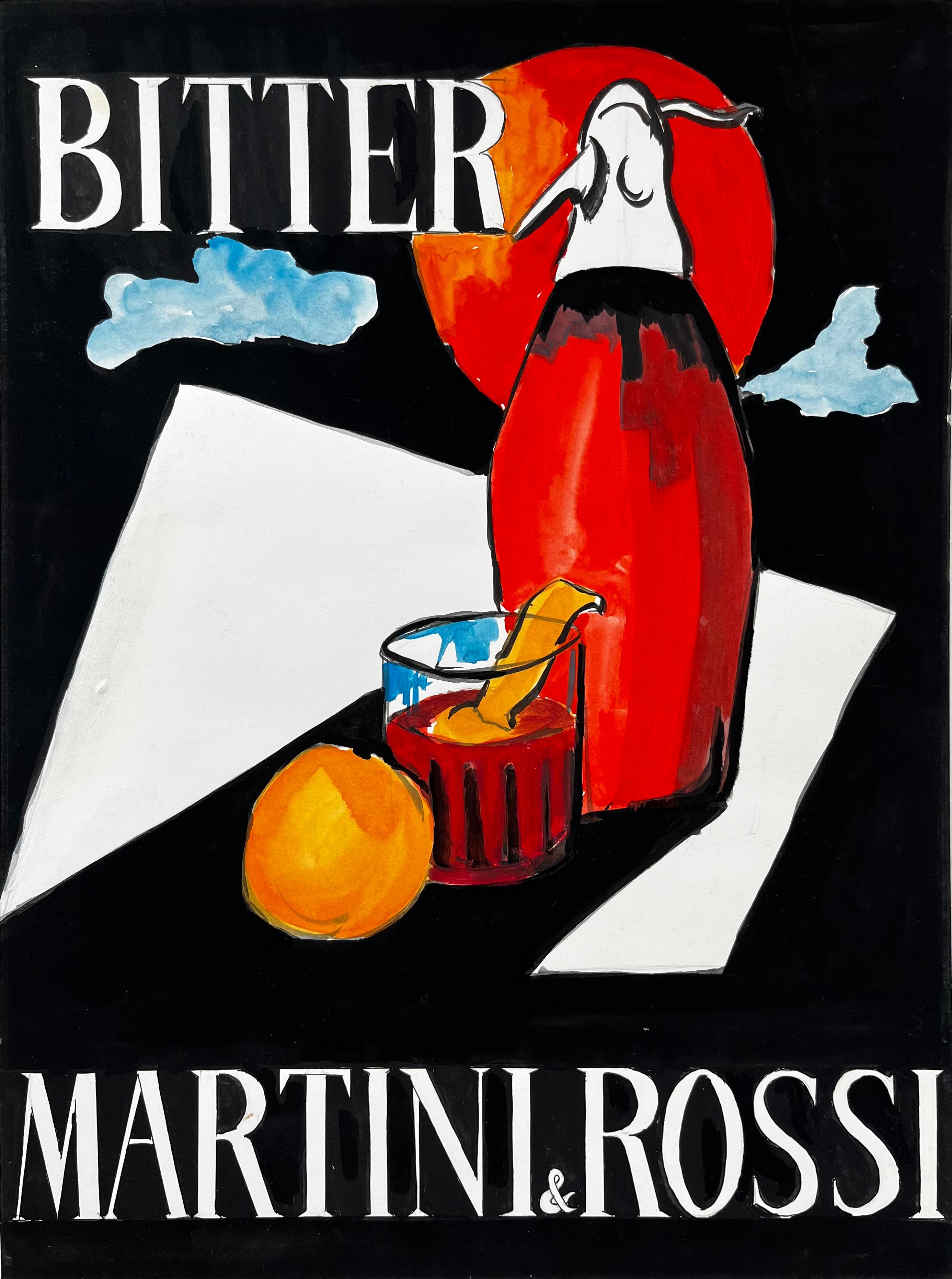 Martini and Rossi Bitter Vintage Cocktail Advertising French Modernist Gouache