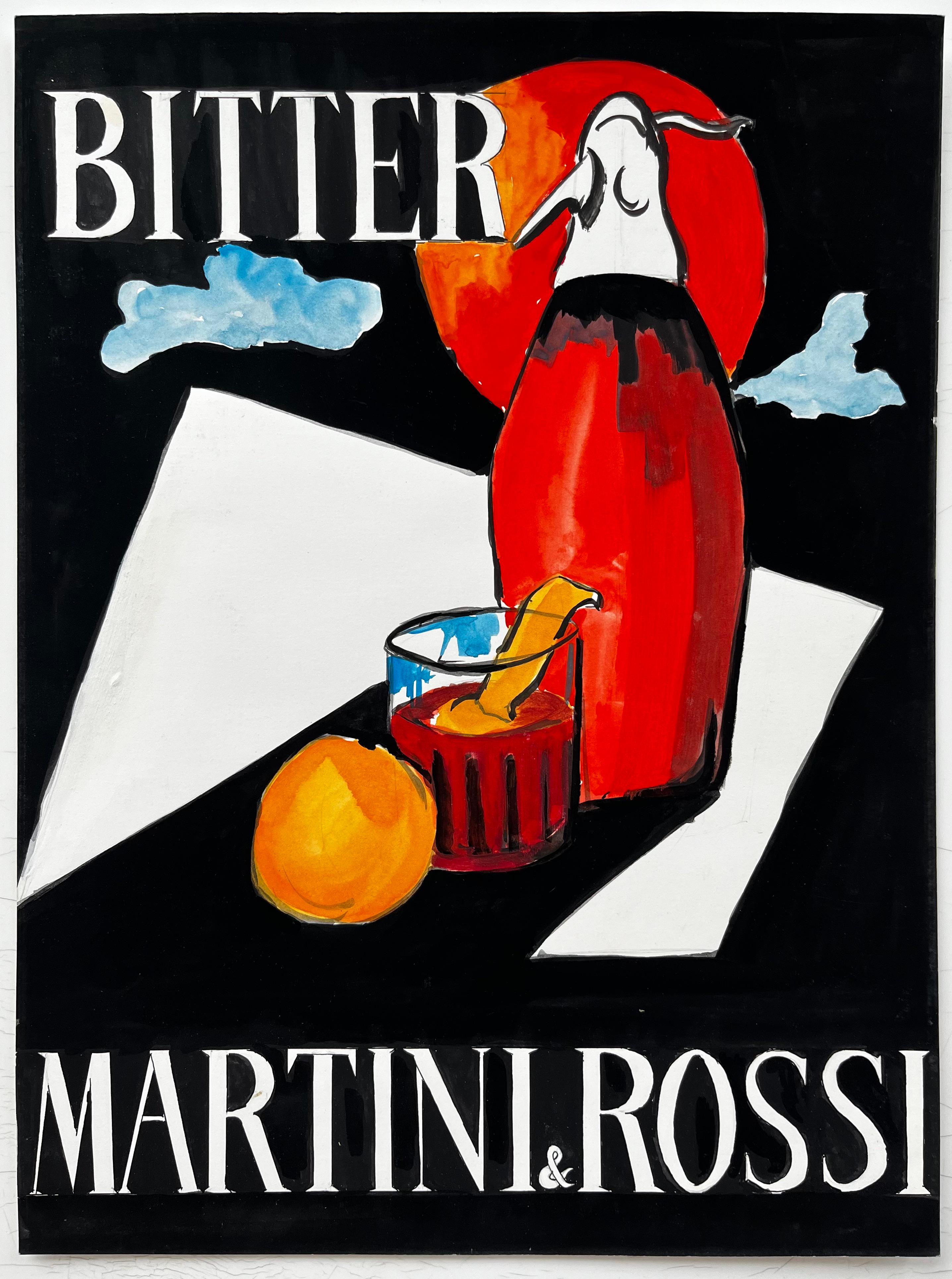 Martini and Rossi Bitter Vintage Cocktail Advertising Gouache moderniste française - Art de Guy Nicod