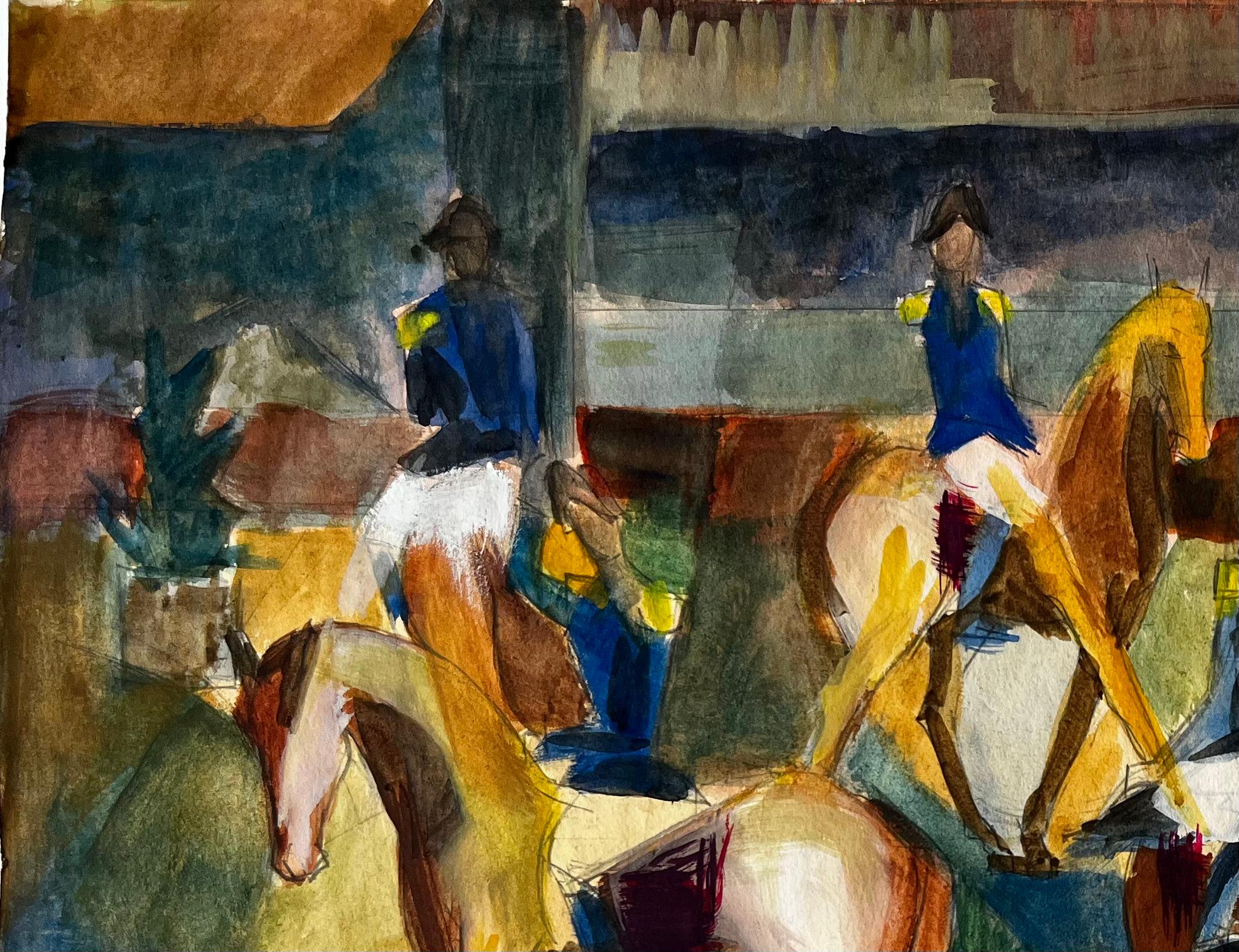 Cavaliers avec chevaux dans l'arène Aquarelle gouache moderniste française - Moderne Art par Guy Nicod
