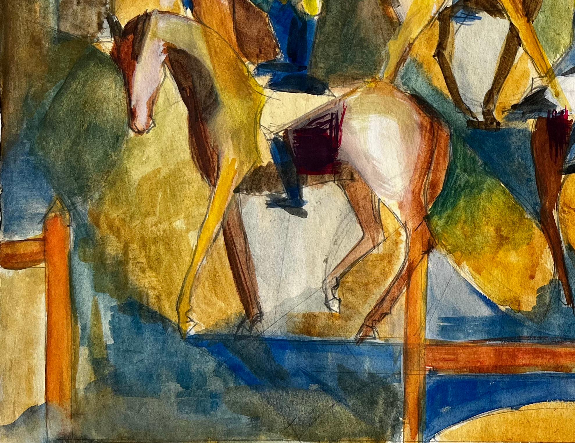 Cavaliers avec chevaux dans l'arène Aquarelle gouache moderniste française en vente 1