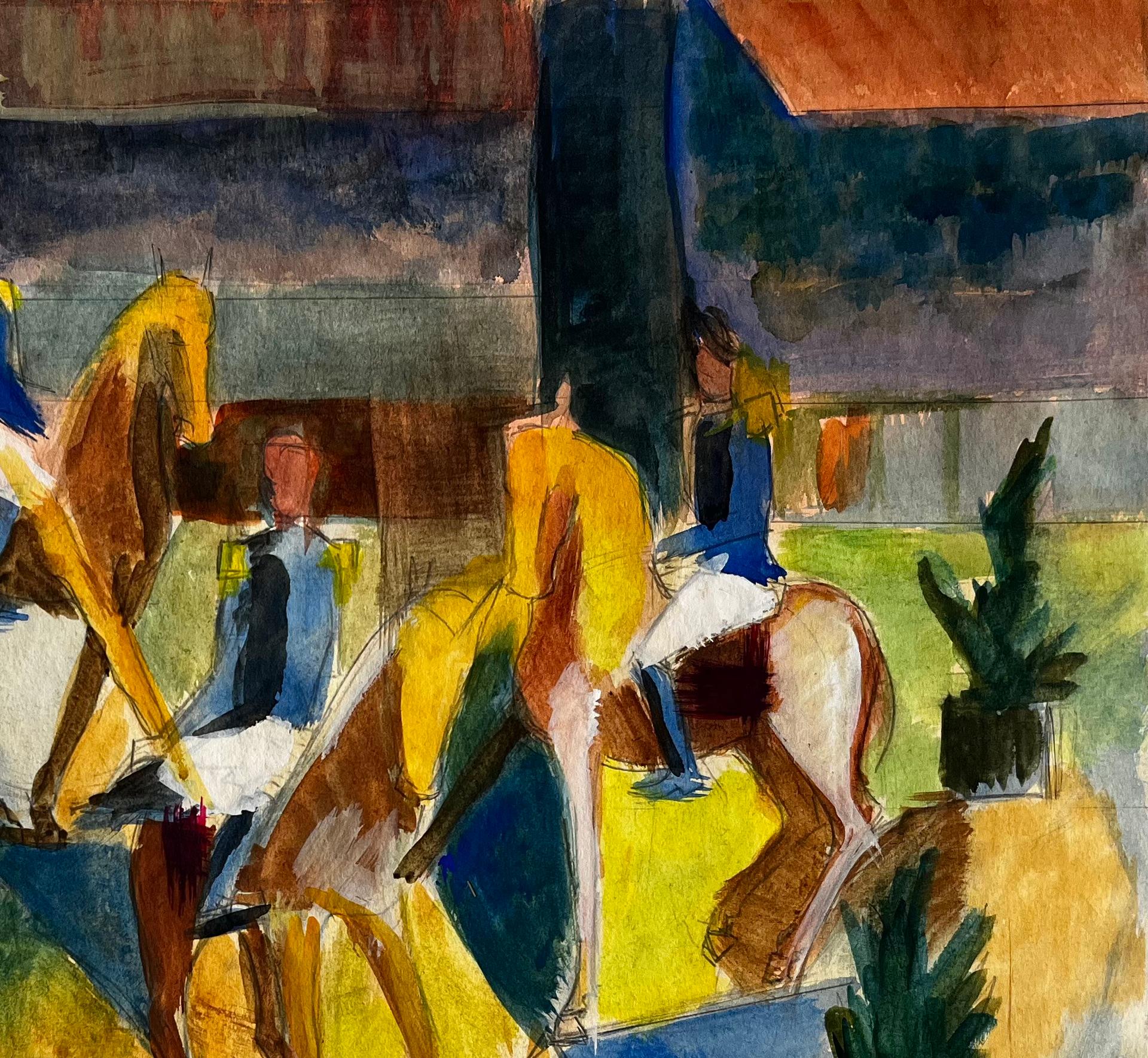 Cavaliers avec chevaux dans l'arène Aquarelle gouache moderniste française - Noir Landscape Art par Guy Nicod