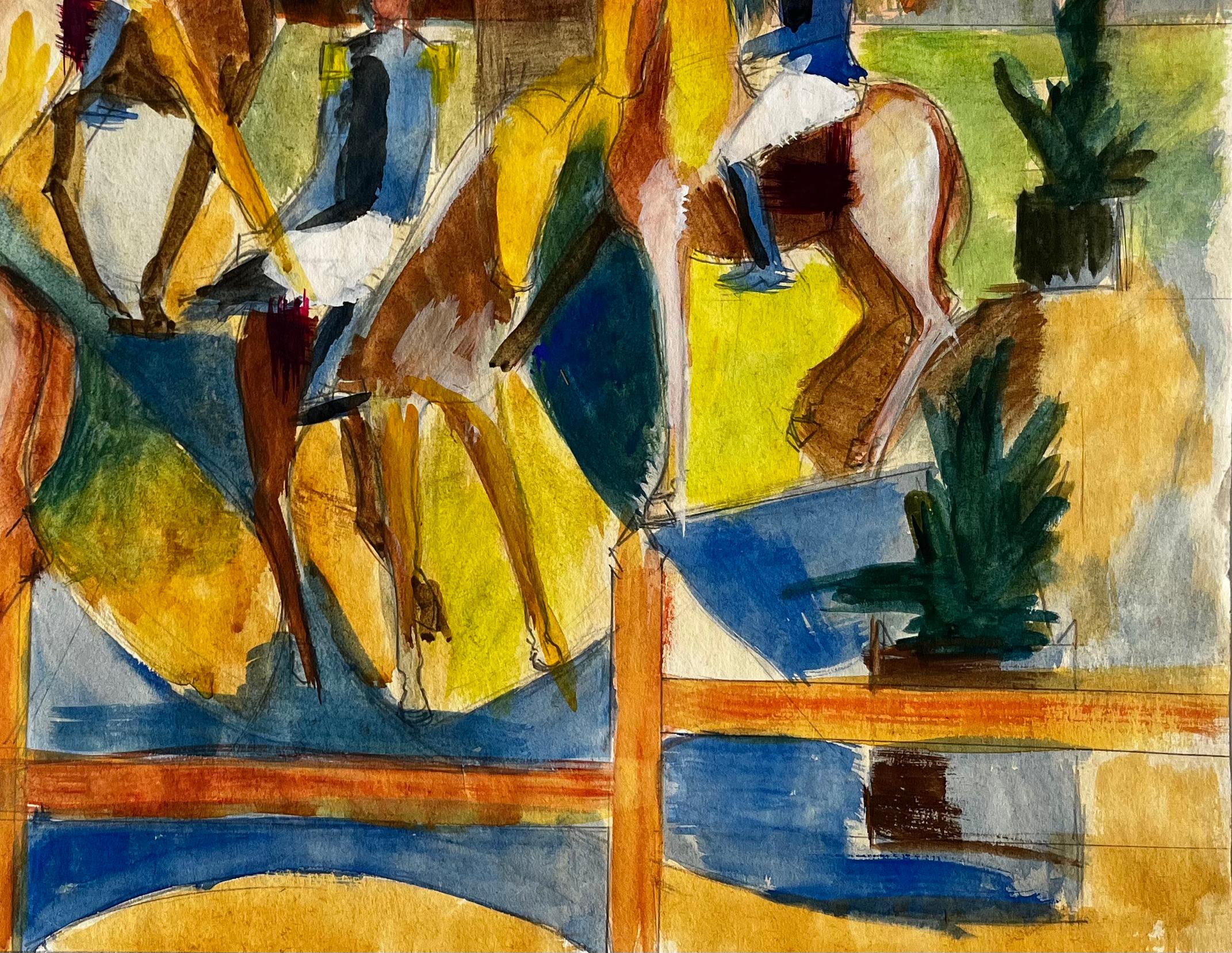 Titre : Cavaliers équestres avec chevaux dans l'arène Aquarelle gouache moderniste française
Guy Nicod (français 1923 - 2021) 
Gouache sur papier d'artiste, non encadrée
Taille : 15.75 x 19.25 pouces (hauteur x largeur)
Provenance : Succession