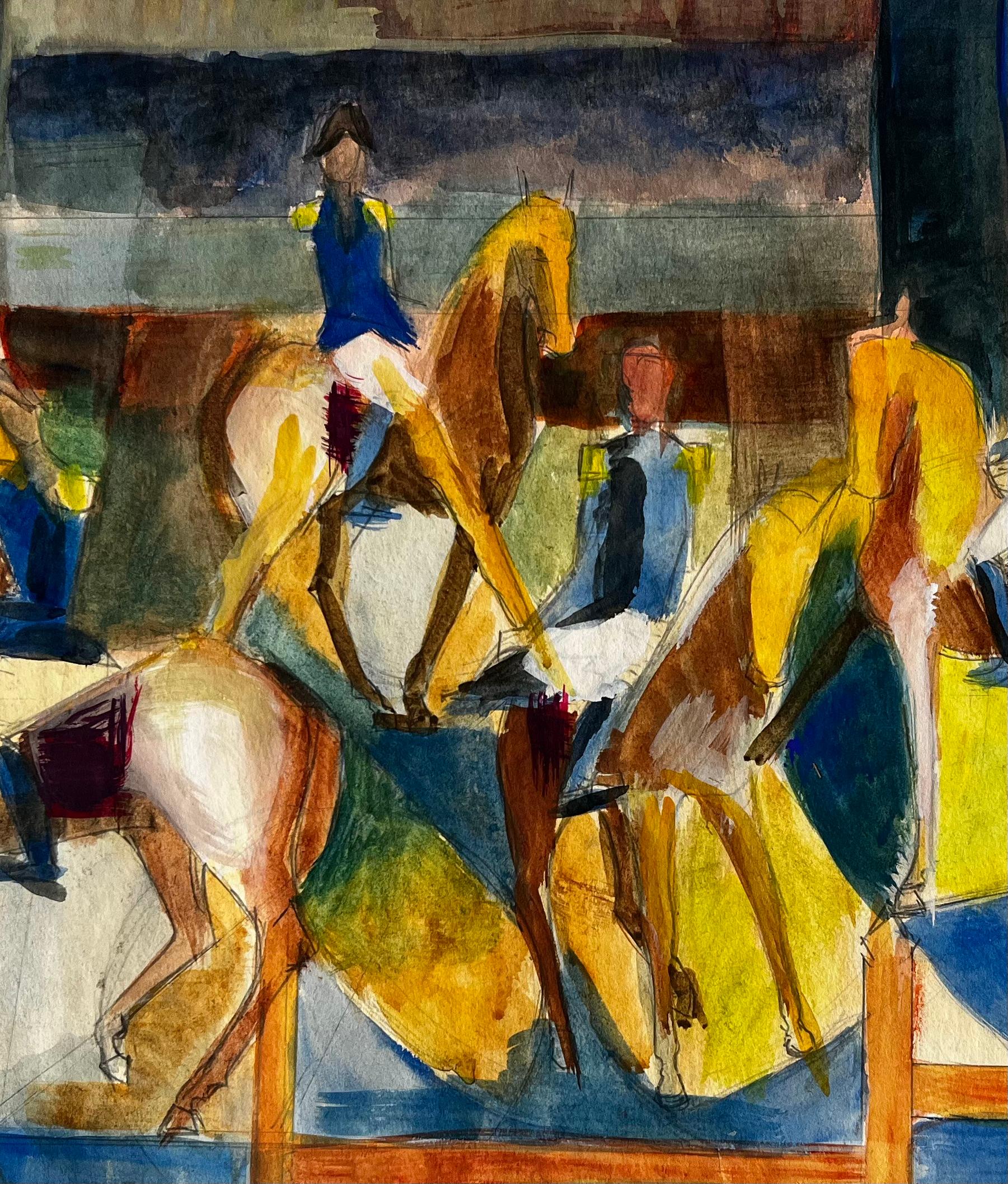 Cavaliers avec chevaux dans l'arène Aquarelle gouache moderniste française en vente 2