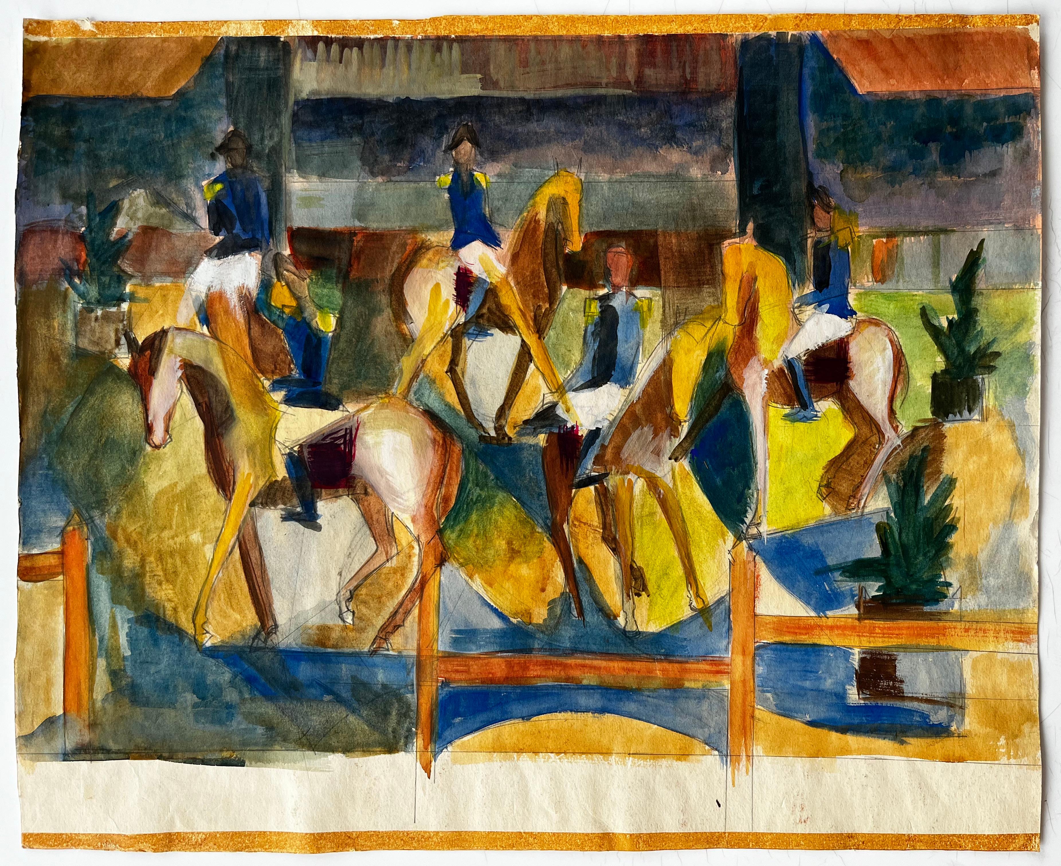 Cavaliers avec chevaux dans l'arène Aquarelle gouache moderniste française - Art de Guy Nicod