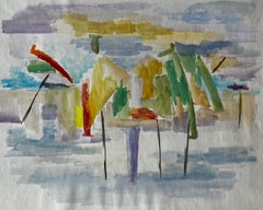 Abstract Landscape with Umbrellas French Modernist Watercolour Gouache