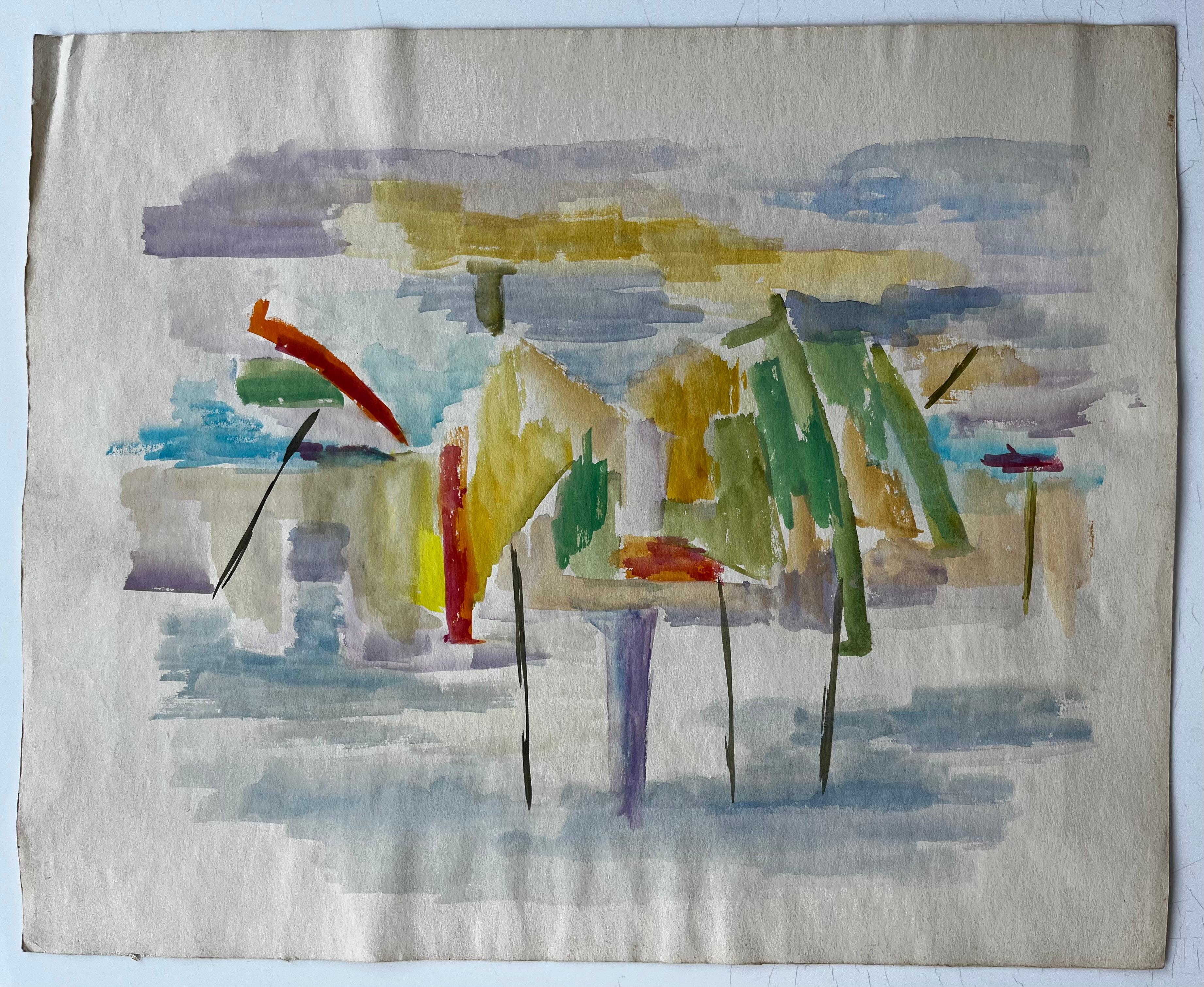 Paesaggio astratto con ombrelli Acquerello francese modernista Gouache - Art di Guy Nicod