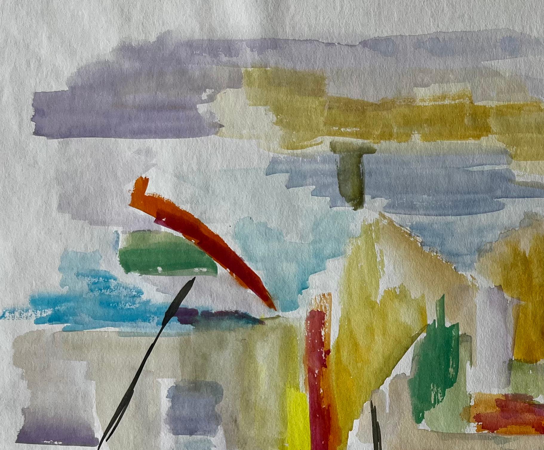 Titolo: Paesaggio astratto con ombrelli Acquerello francese modernista Gouache
Guy Nicod (francese, 1923 - 2021) 
Guazzo su carta d'artista, senza cornice
Dimensioni: 15,75 x 19,25 pollici (altezza x larghezza)
Provenienza: Proprietà di Artistics,