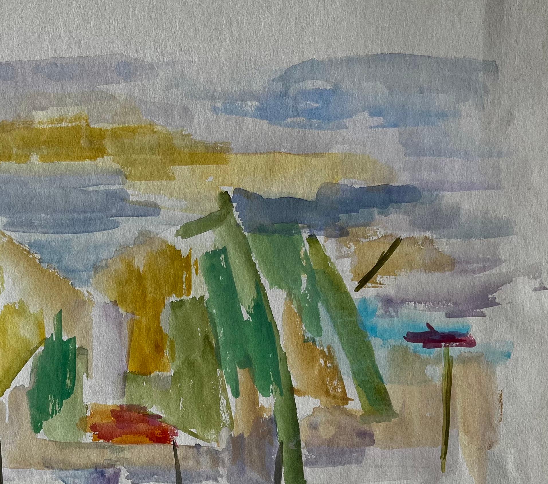 Paesaggio astratto con ombrelli Acquerello francese modernista Gouache - Abstract Drawing Grigio di Guy Nicod