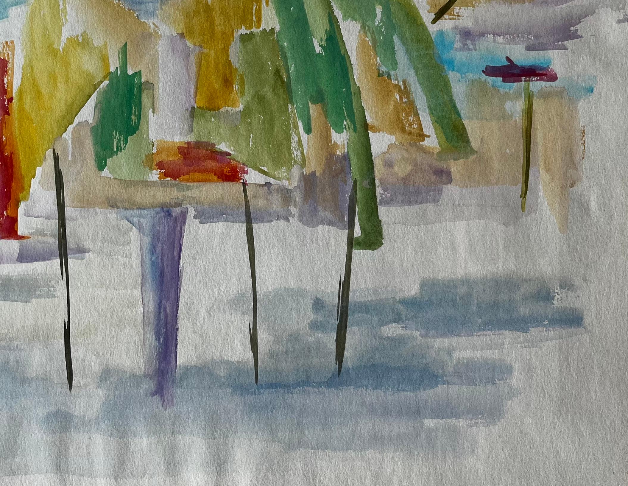 Paesaggio astratto con ombrelli Acquerello francese modernista Gouache - Art Moderno di Guy Nicod
