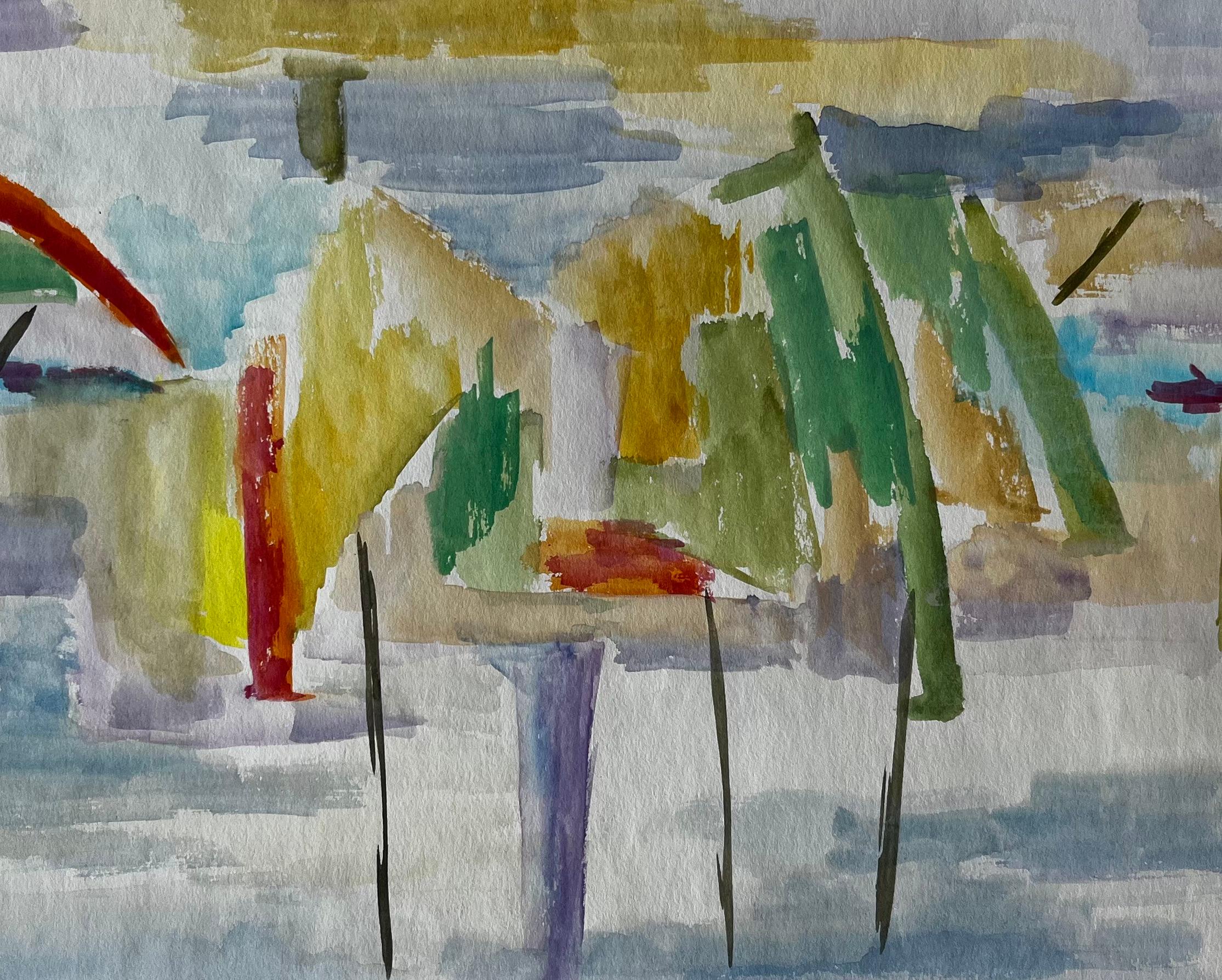 Paesaggio astratto con ombrelli Acquerello francese modernista Gouache in vendita 2