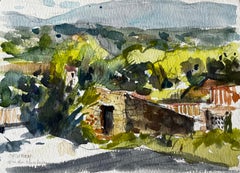 Paysage de village à flanc de colline en Provence Aquarelle post-impressionniste française