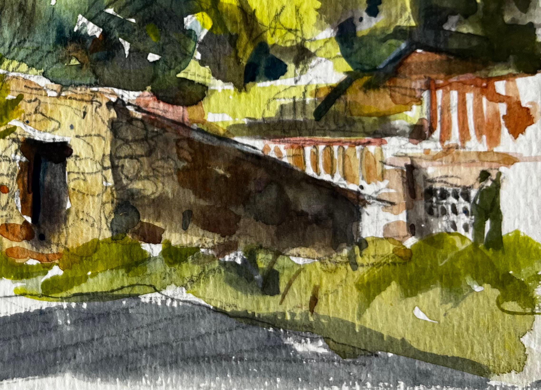 Paysage de village à flanc de colline en Provence Aquarelle post-impressionniste française - Post-impressionnisme Art par Pierre Neveu