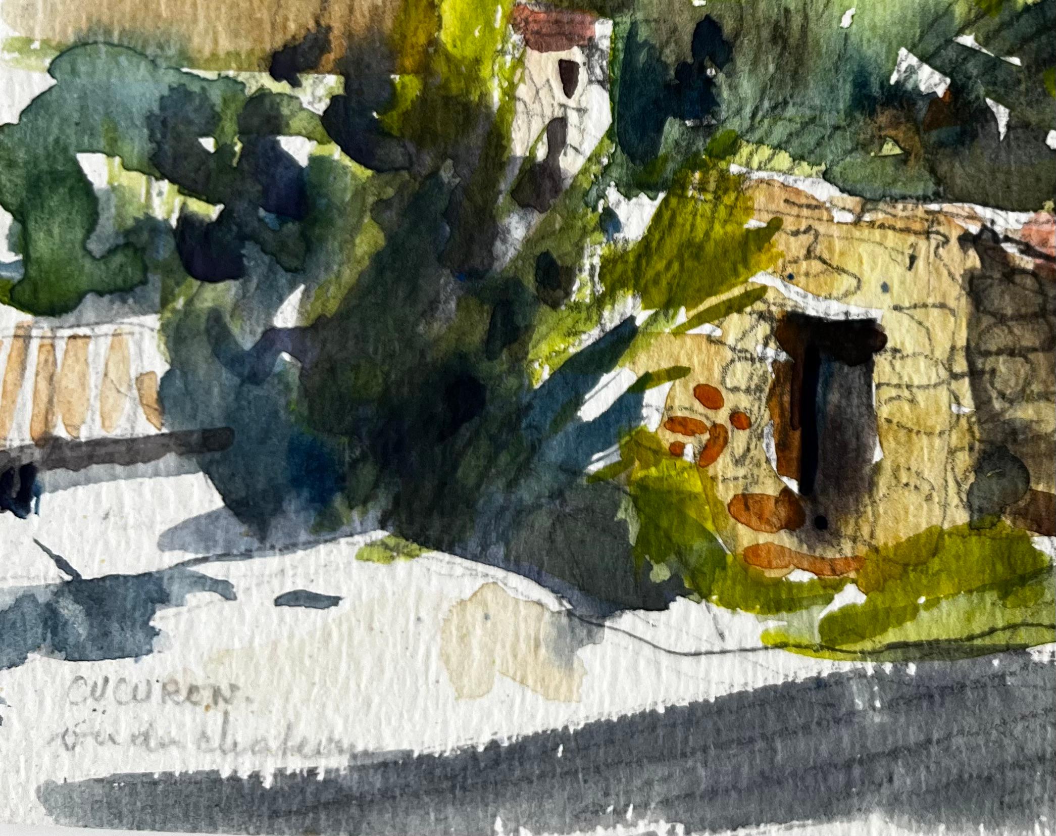 Paysage de village à flanc de colline en Provence Aquarelle post-impressionniste française - Marron Landscape Art par Pierre Neveu
