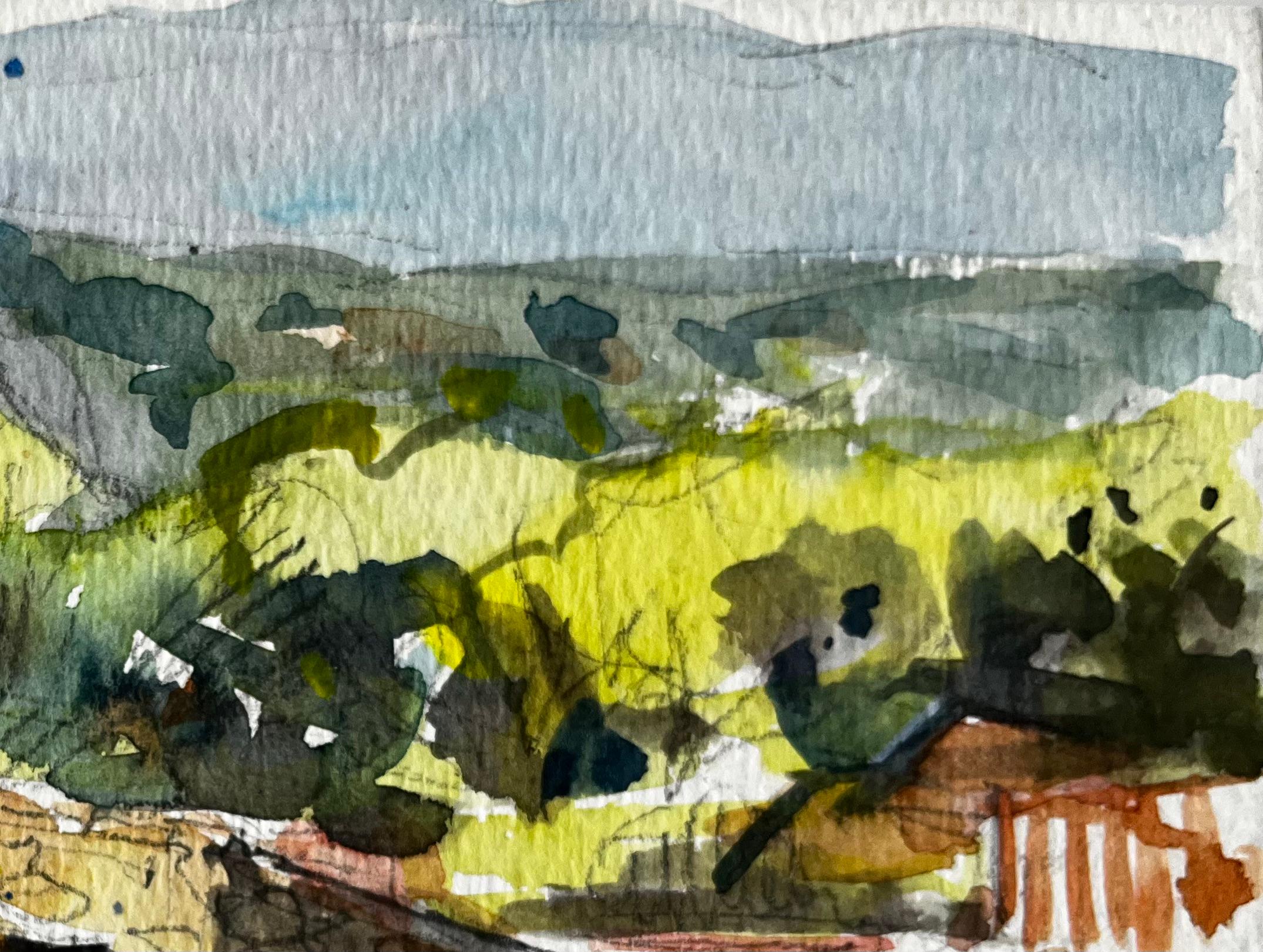 Paysage de village à flanc de colline en Provence Aquarelle post-impressionniste française en vente 1