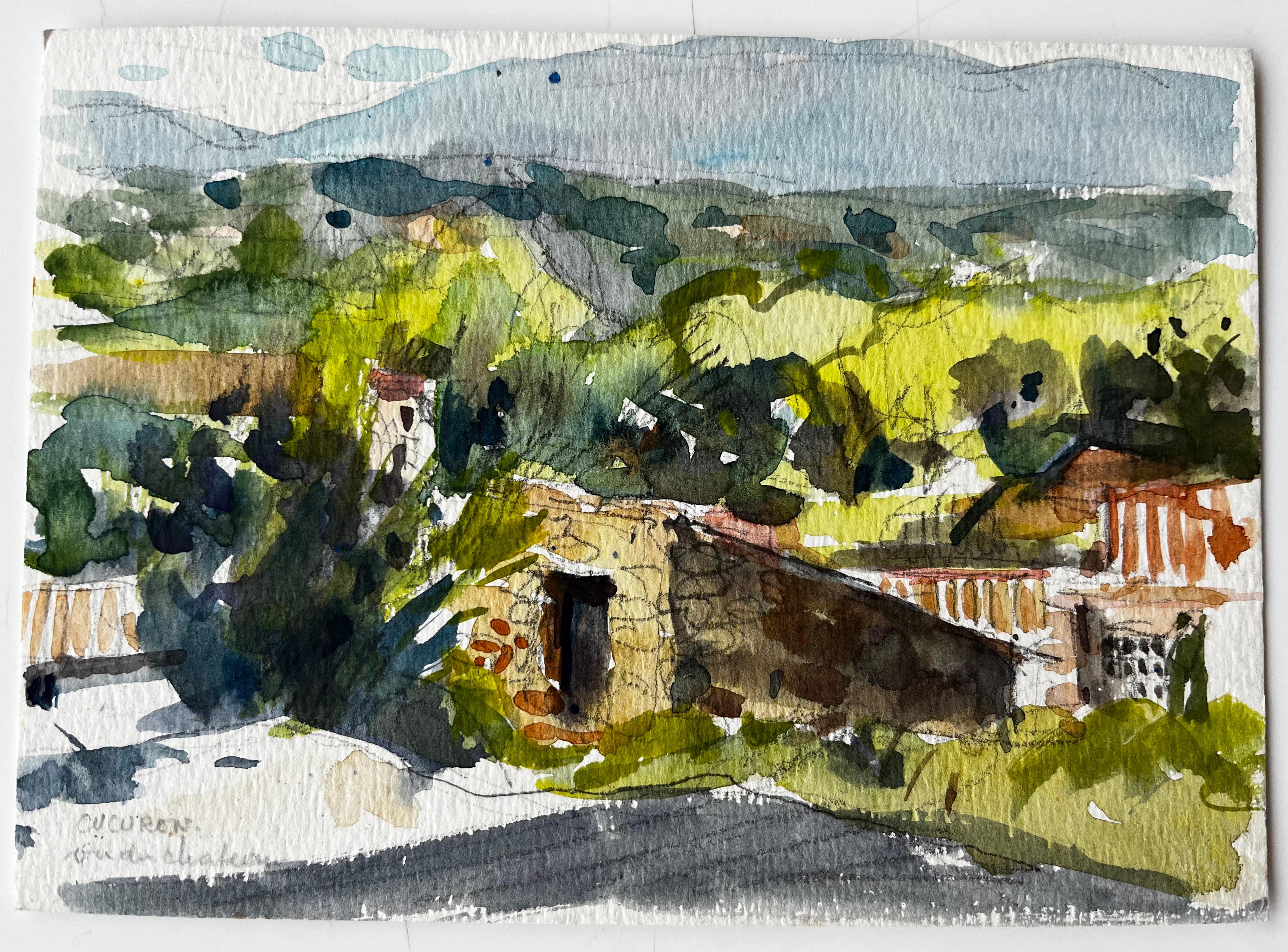 Paysage de village à flanc de colline en Provence Aquarelle post-impressionniste française - Art de Pierre Neveu