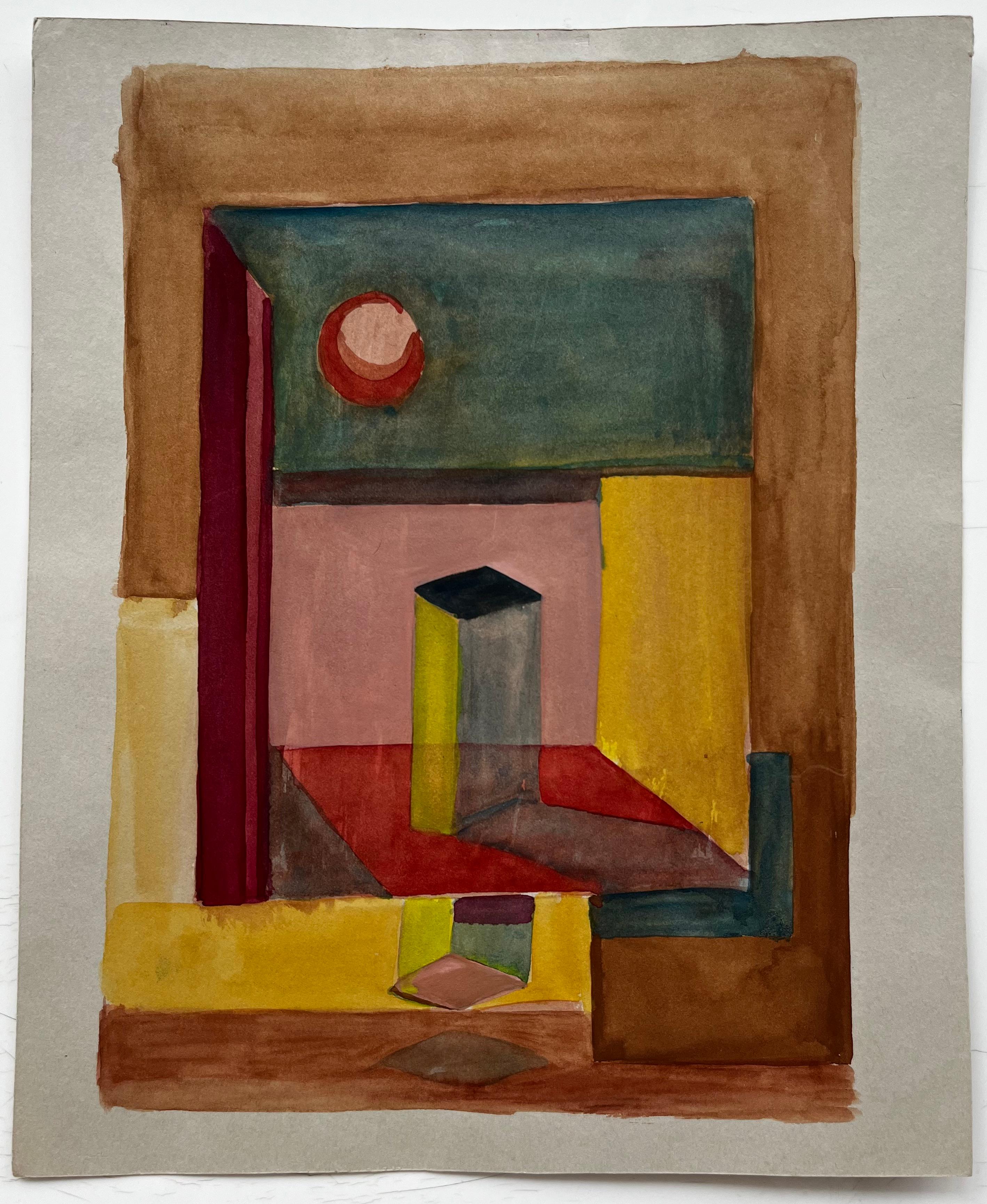 Abstraktes geometrisches Interieur Französisch Modernist Aquarell Gouache – Art von Guy Nicod