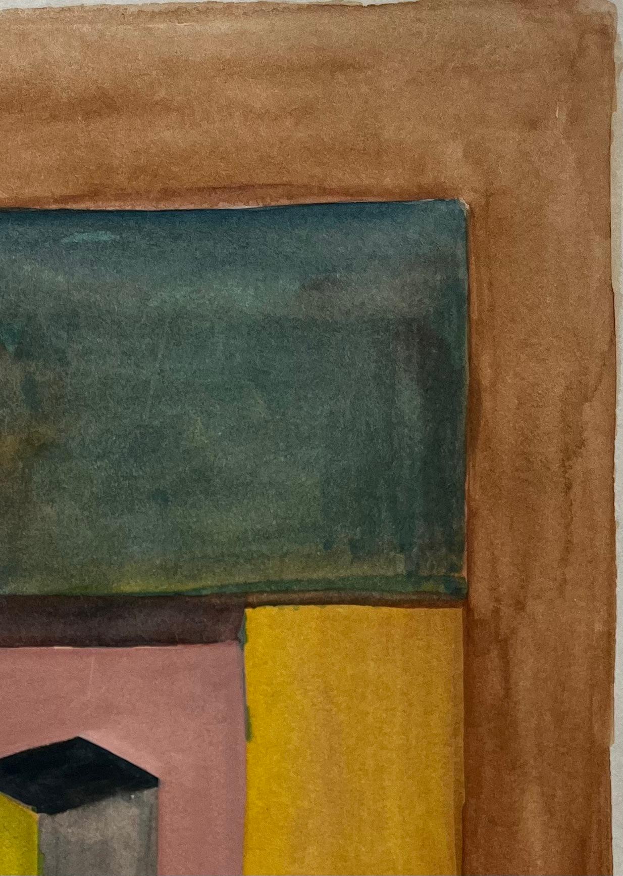 Abstraktes geometrisches Interieur Französisch Modernist Aquarell Gouache (Braun), Landscape Art, von Guy Nicod