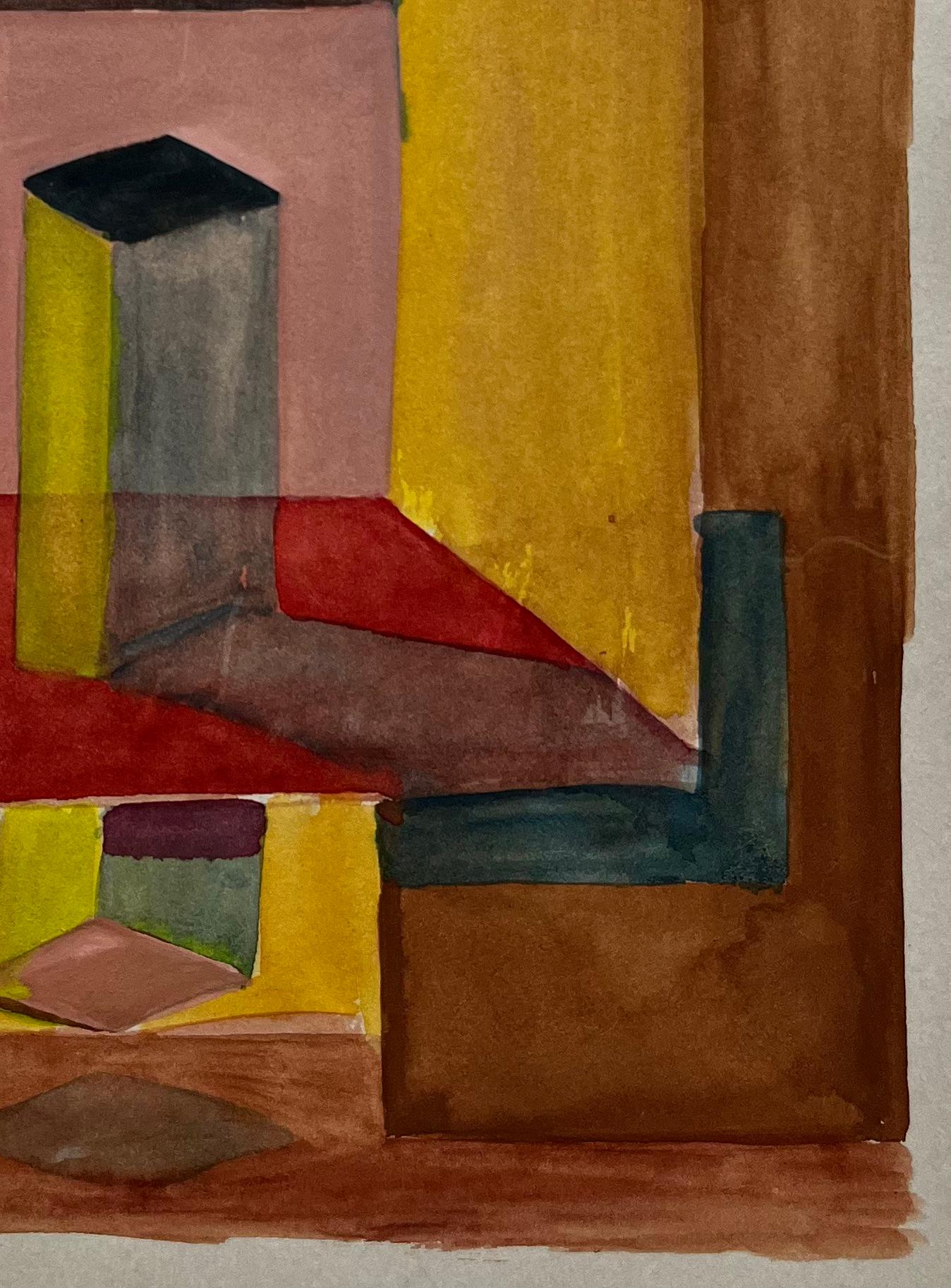 Titel: Abstraktes geometrisches Interieur Französische Moderne Aquarell Gouache
Guy Nicod (Französisch 1923 - 2021) 
Gouache auf Künstlerpapier, ungerahmt
Größe: 11,5 x 9,25 Zoll (Höhe x Breite)
Provenienz: Künstlernachlass, Frankreich
Zustand: