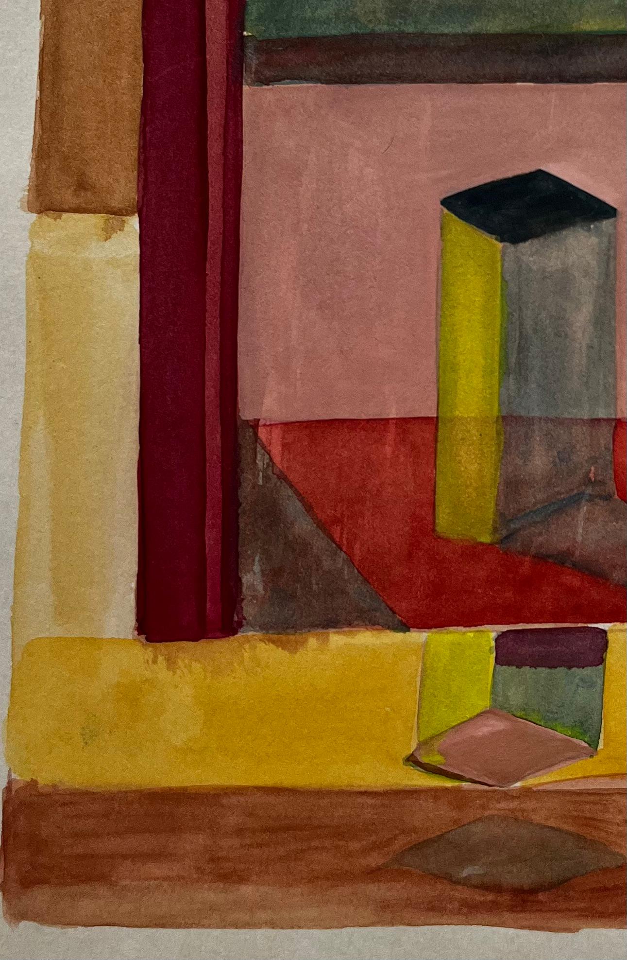 Abstraktes geometrisches Interieur Französisch Modernist Aquarell Gouache im Angebot 1