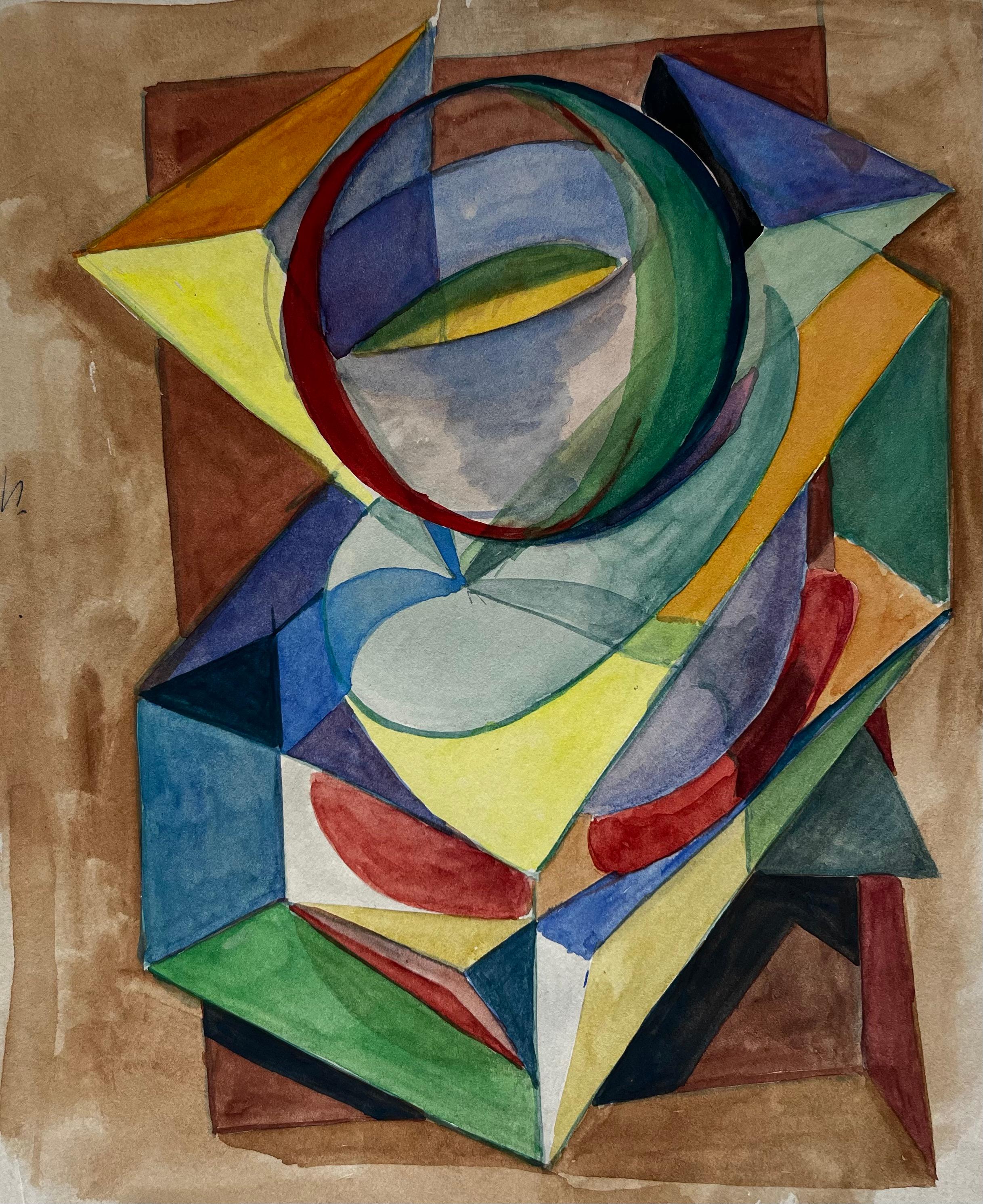 Geometric Abstract Composition with Spherical Form French Modernist Watercolour