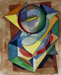 Geometric Abstract Composition with Spherical Form French Modernist Watercolour