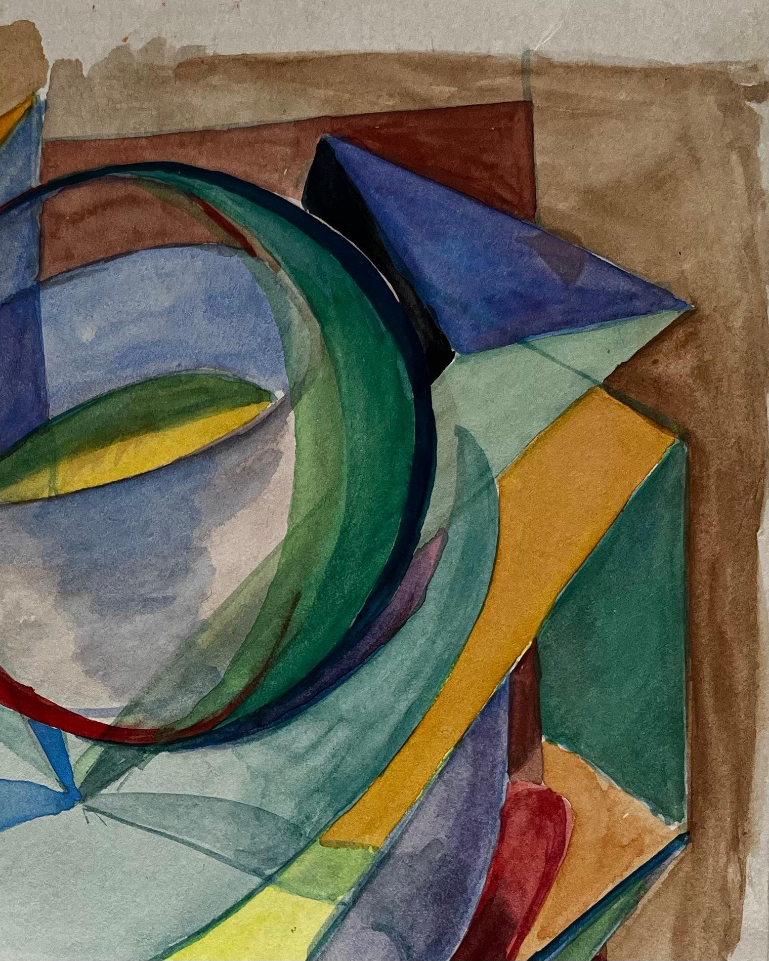 Geometrische abstrakte Komposition mit sphärischer Form Aquarell der französischen Moderne (Grau), Abstract Drawing, von Guy Nicod